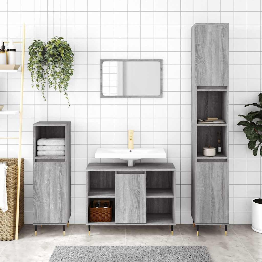 Badkommode Badezimmerschrank 30x30x100 cm Grau Sonoma mit Holzwerkstoff und Eisen