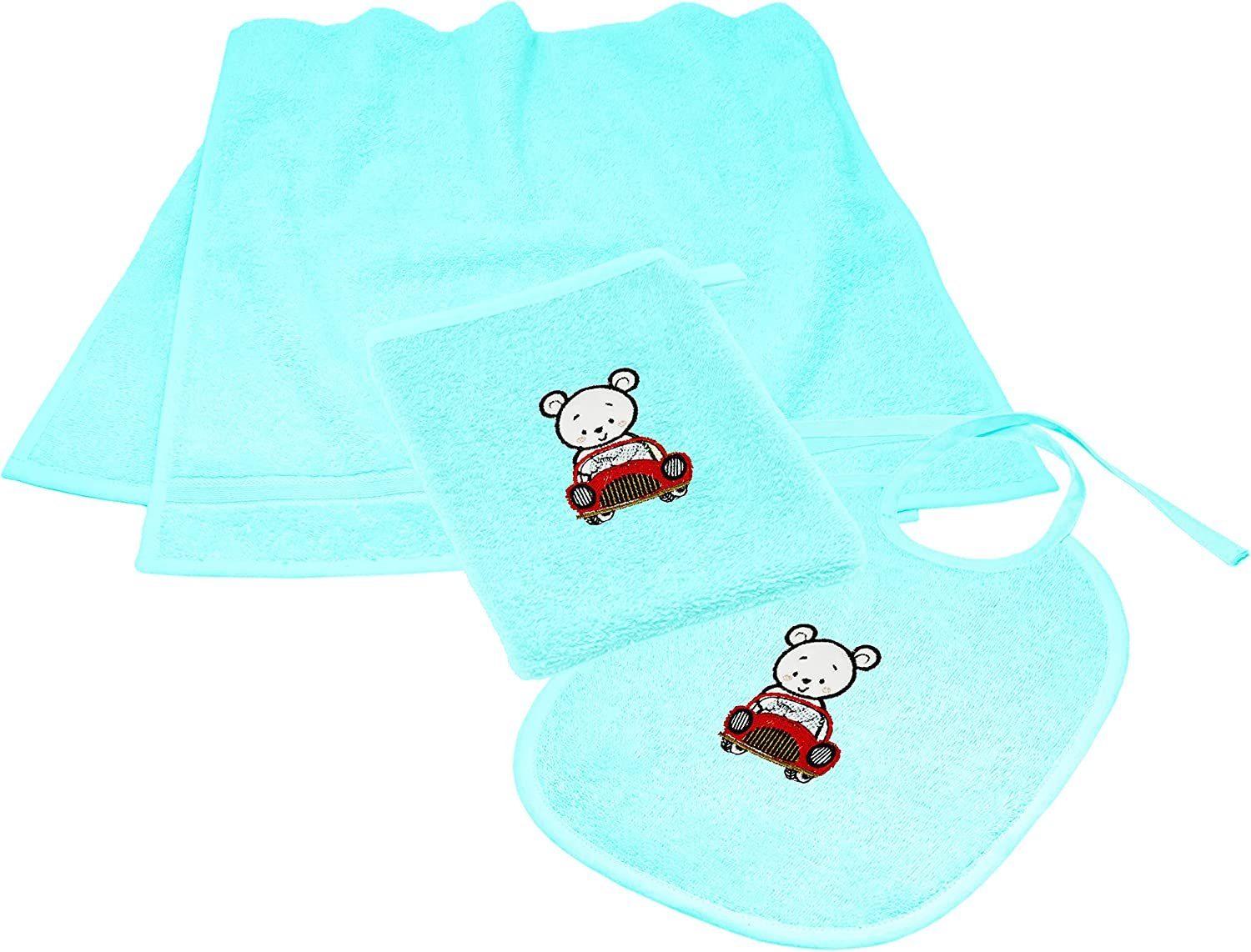 Lashuma Neugeborenen-Geschenkset (Set, aus Baby Waschlappen Frottee und blau Auto 3-tlg) Handtuch, Lätzchen