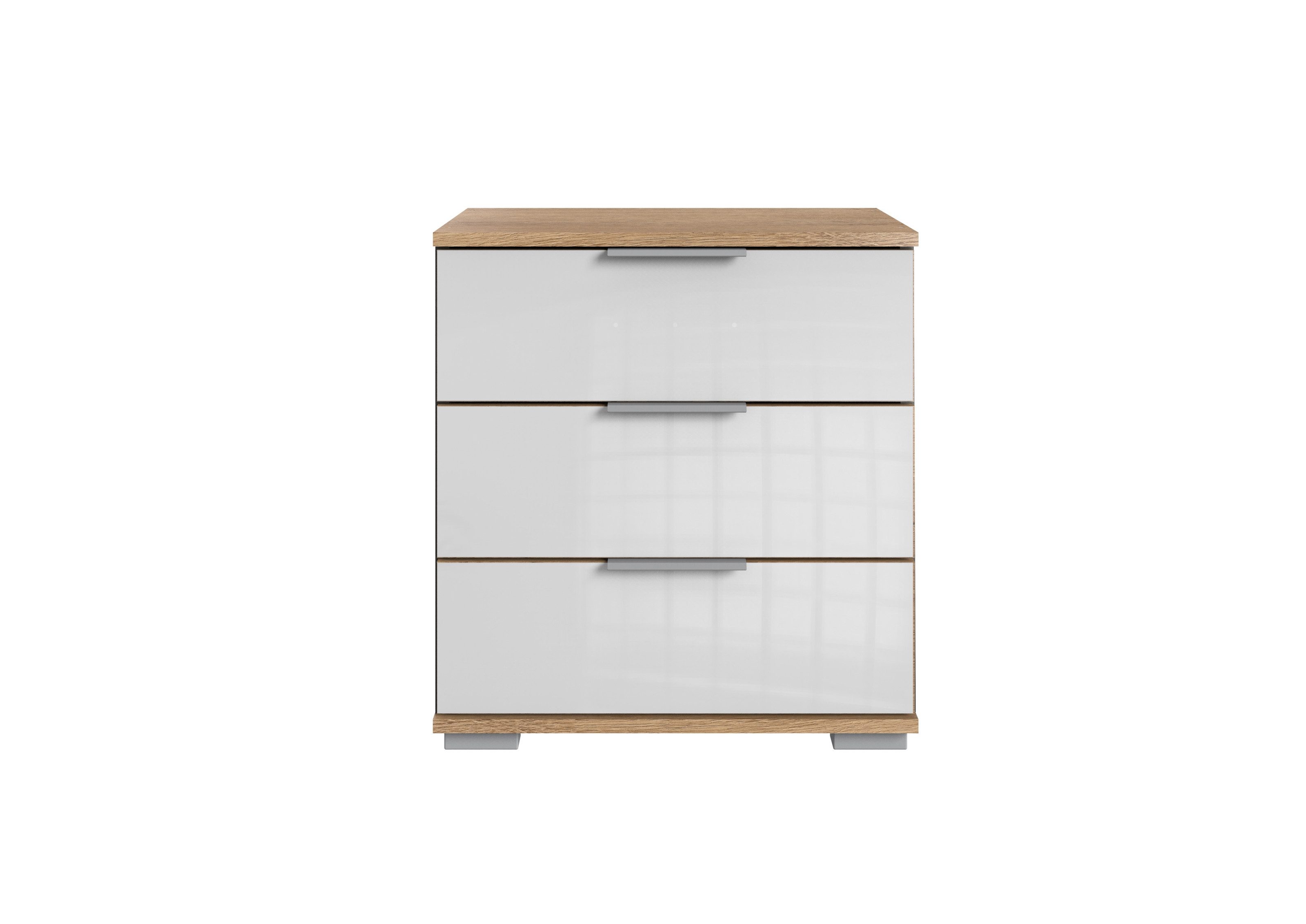 Wimex Nachtkommode in Plankeneiche mit 3 Schubladen und Absetzungen in GLAS WEISS (BxHxT: 52x58x38 cm)