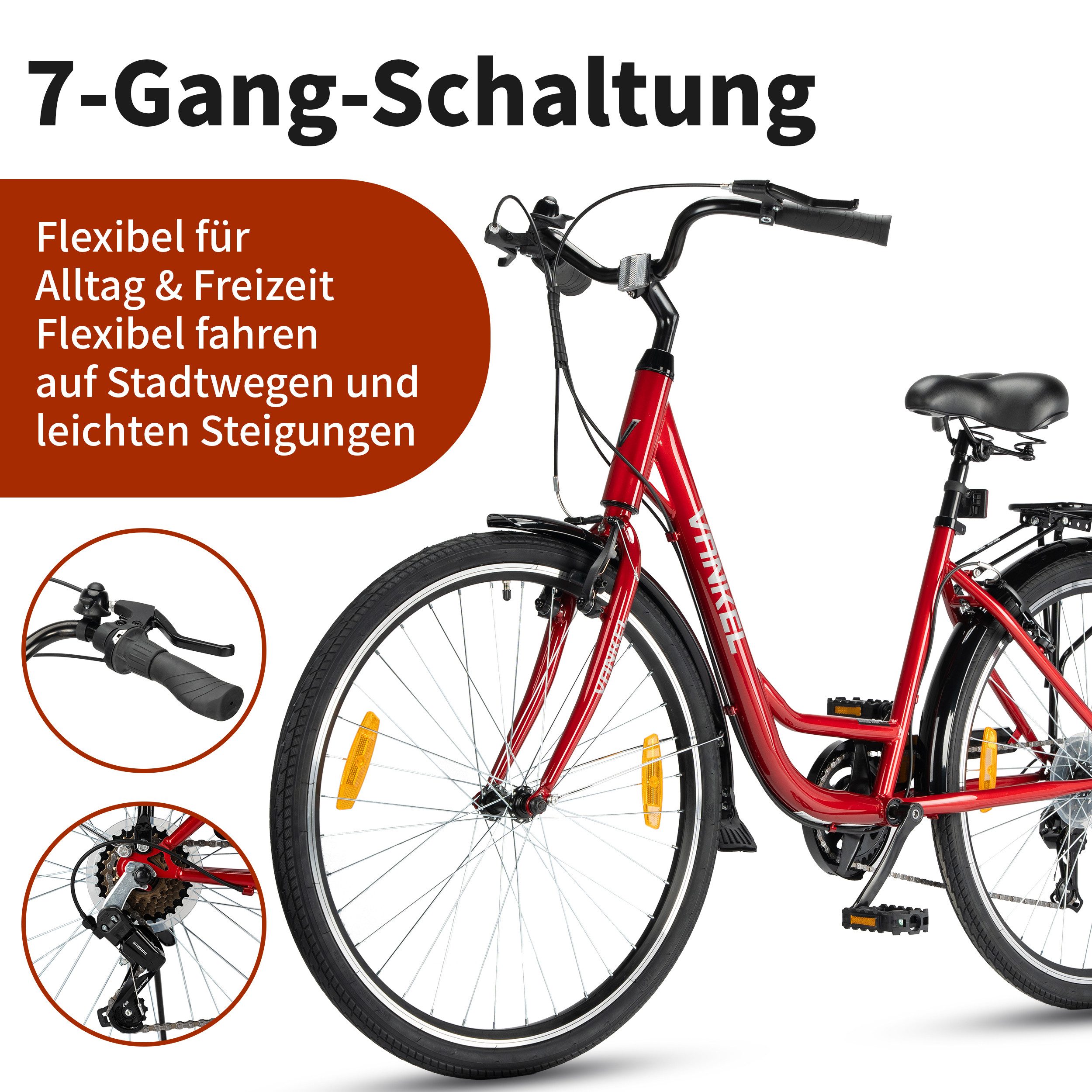 Vankel Mountainbike 26 Zoll, Citybike, 7-Gang, V-Brakes, Schutzbleche, 7 Gang, Kettenschaltung, Stahlrahmen, Gepäckträger, Kettenschaltung, kurze Wege