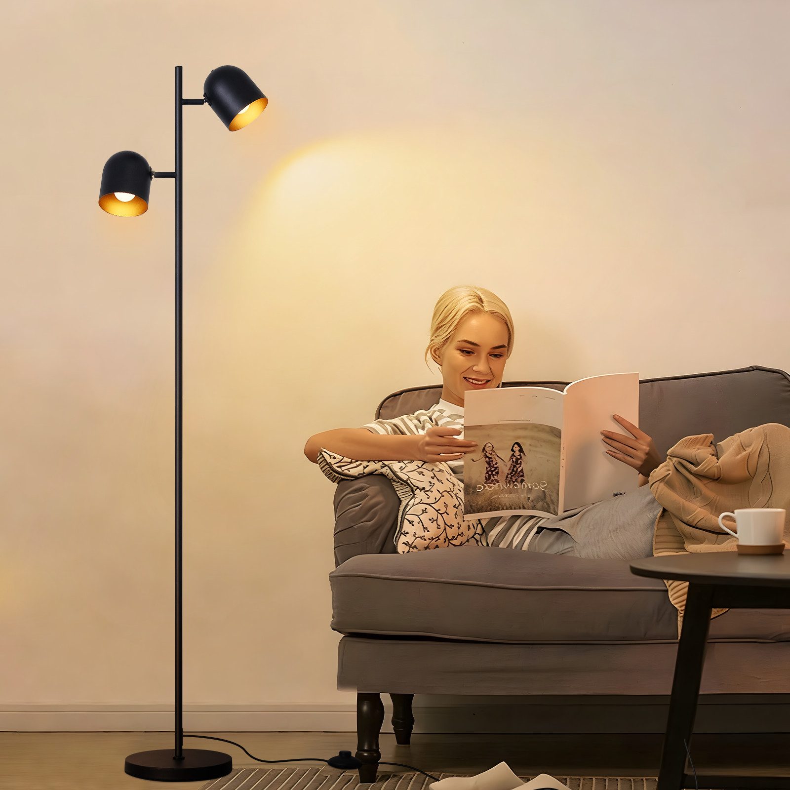 Nettlife Stehlampe Wohnzimmer Schwarz Metall Industrielle Retro Leselampe 2 E14 Fassungen, 350° schwenkbar, ohne Leuchtmittel, Stehleuchte Leselampe Retro für Schlafzimmer Wohnzimmer