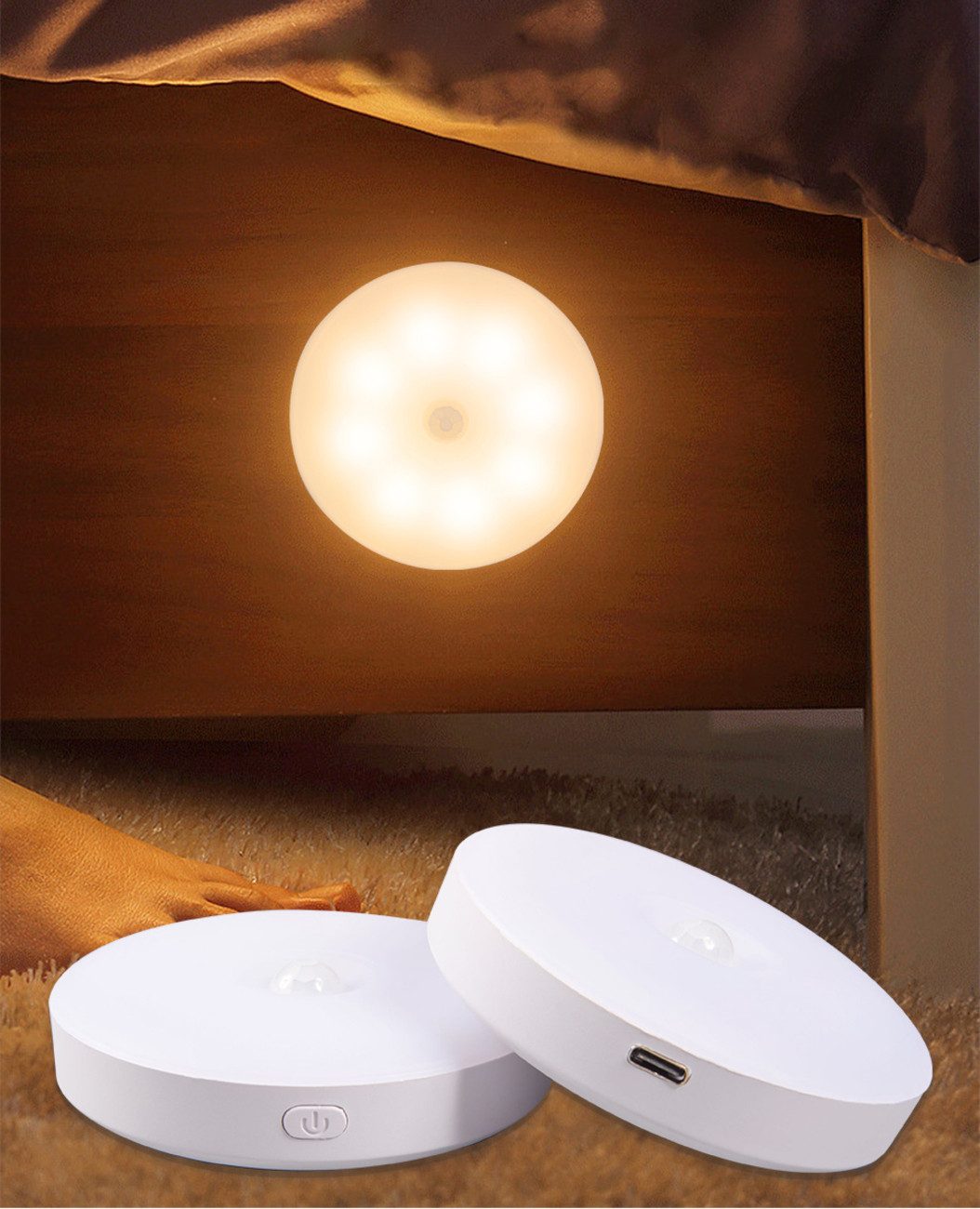 LED Nachtlicht 4x Schrankbeleuchtung Licht m. Bewegungsmelder dimmbar USB-C, 3 Farben