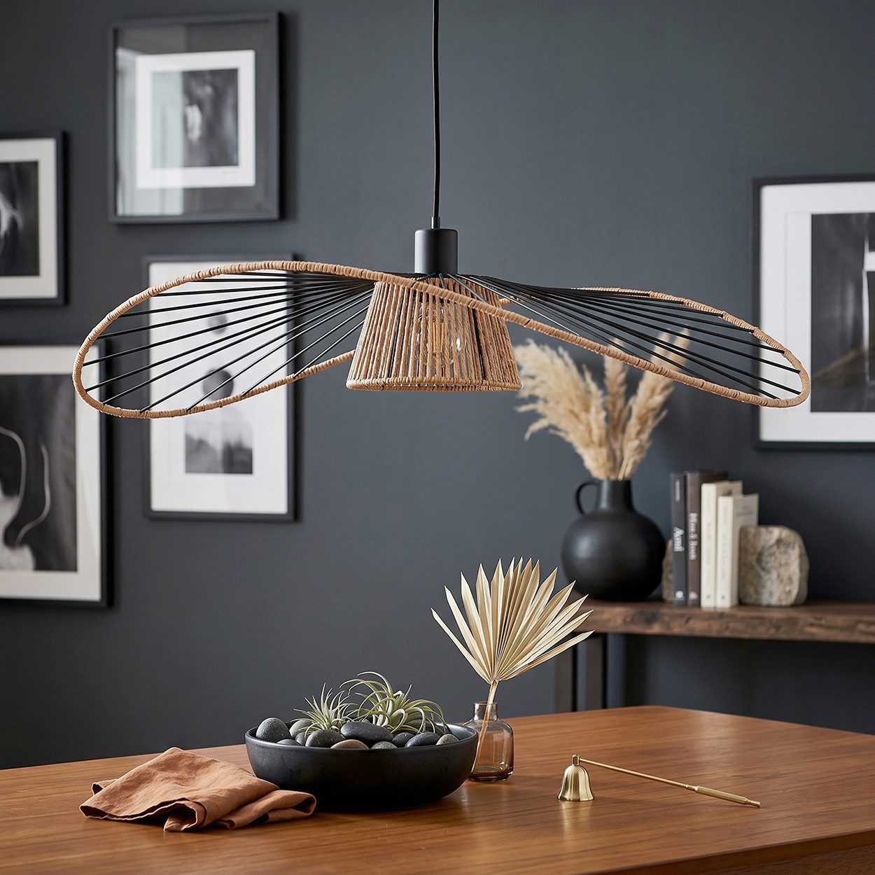 hofstein Hängeleuchte Hängelampe aus Metall/Papiergeflecht in Schwarz/Naturfarben, ohne Leuchtmittel, moderne Hängeleuchte im Boho-Design, Höhe max. 110 cm, 4 x E27