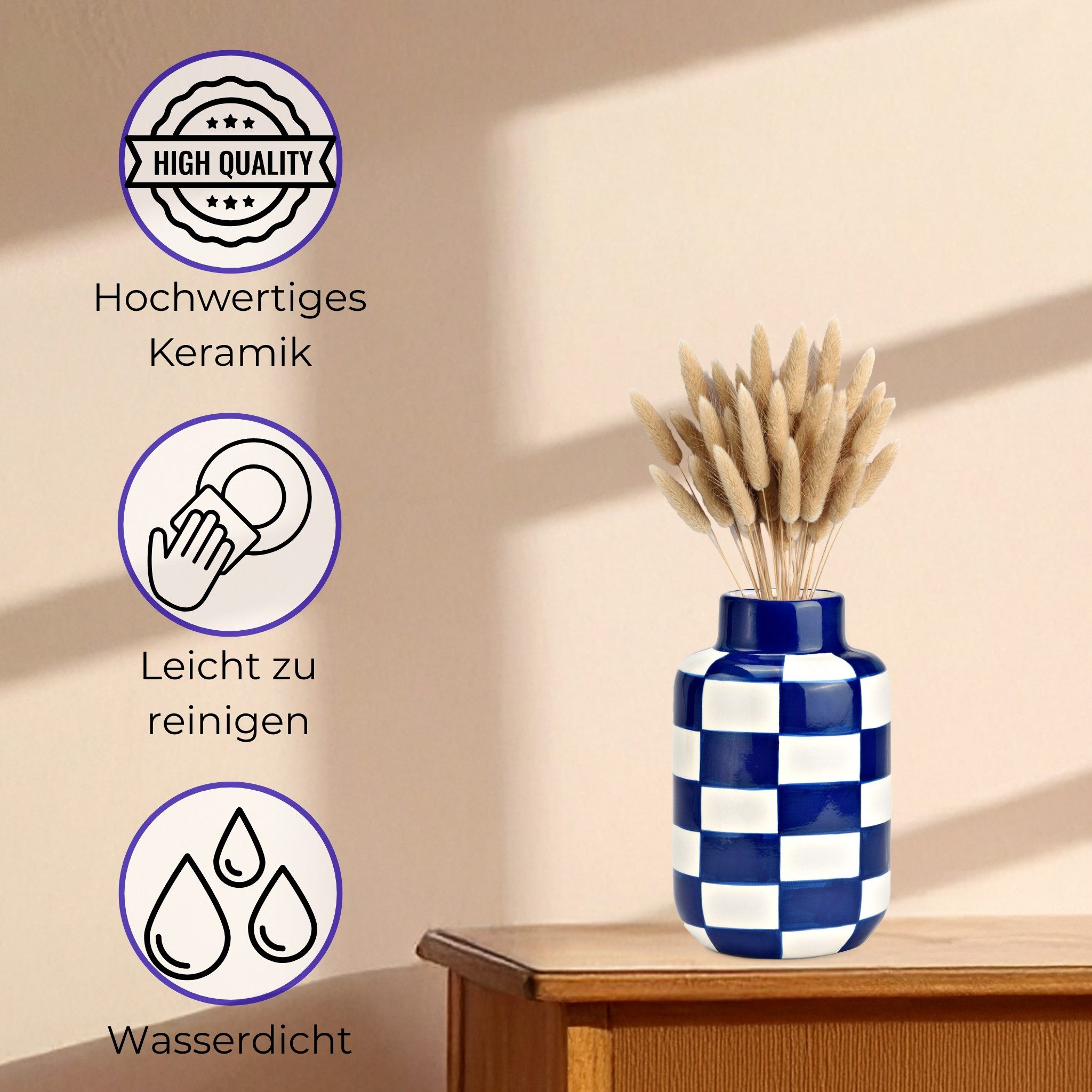matches21 HOME & HOBBY Dekovase Blumenvasen Set kariert, blau weiß in Ø 10 x 15 cm (1 St), Moderne Keramik Vase als Wohnzimmerdeko – Bild 3 von 5