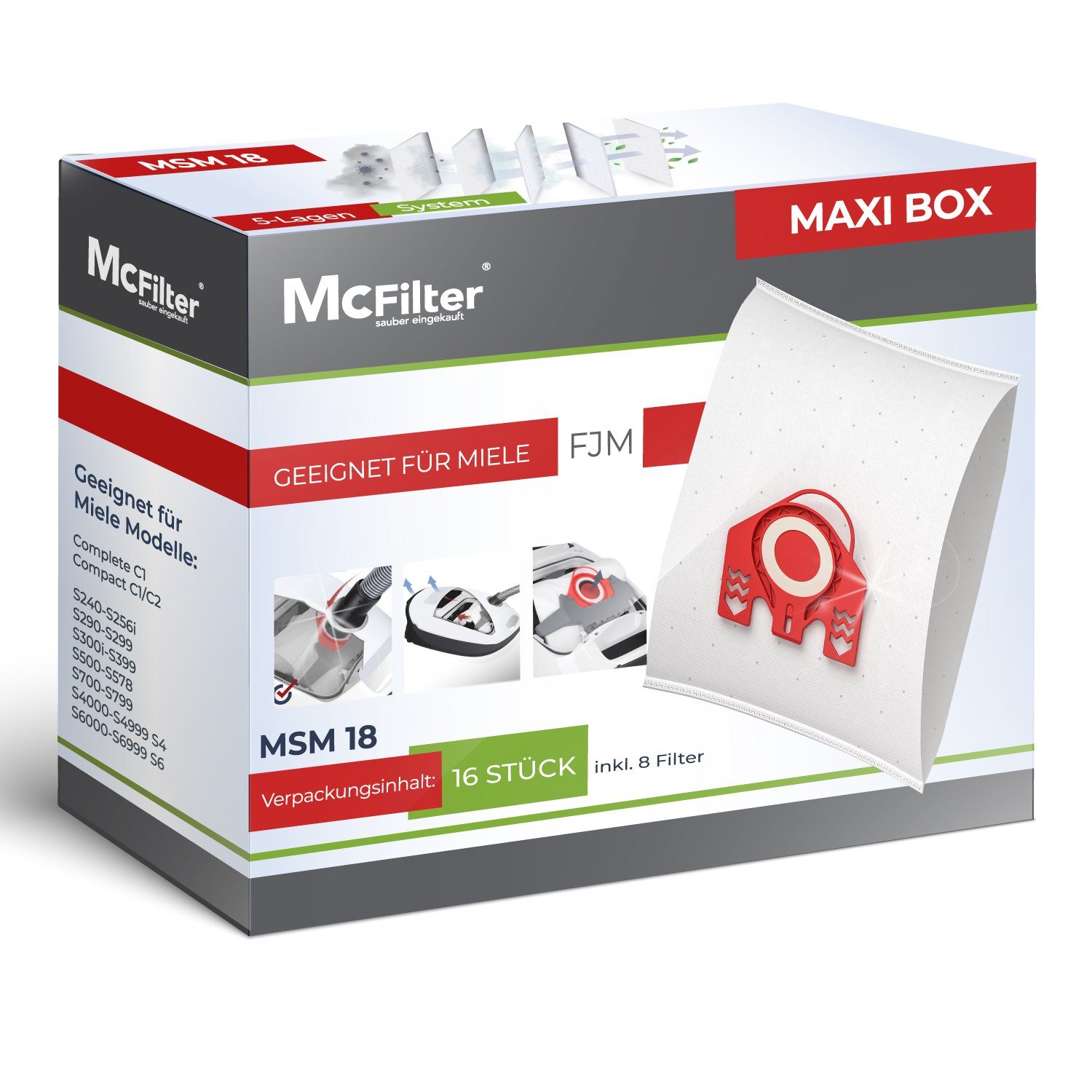 McFilter Staubsaugerbeutel MAXI BOX 16+8, passend für Miele FJM Serie, S2 S3 S4 S5 S6 S7, Complete C1, Compact C1/C2, inkl. 8 Filter, 16 St., Top Miele Alternative zu 9917710, wie 10408420