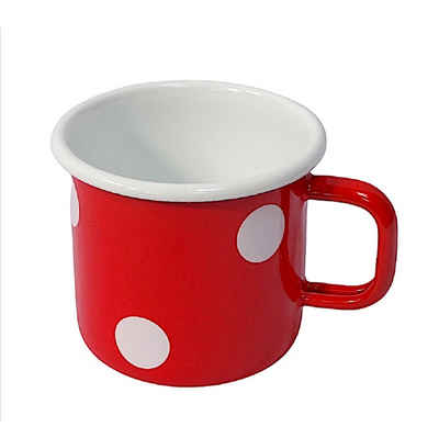 Linoows Tasse Emaille Tasse, Henkelbecher, Outdoor Kaffeetasse, Emaille, Henkeltasse, Outdoor Henkelbecher Tupfen Rot Weiß 8 cm.