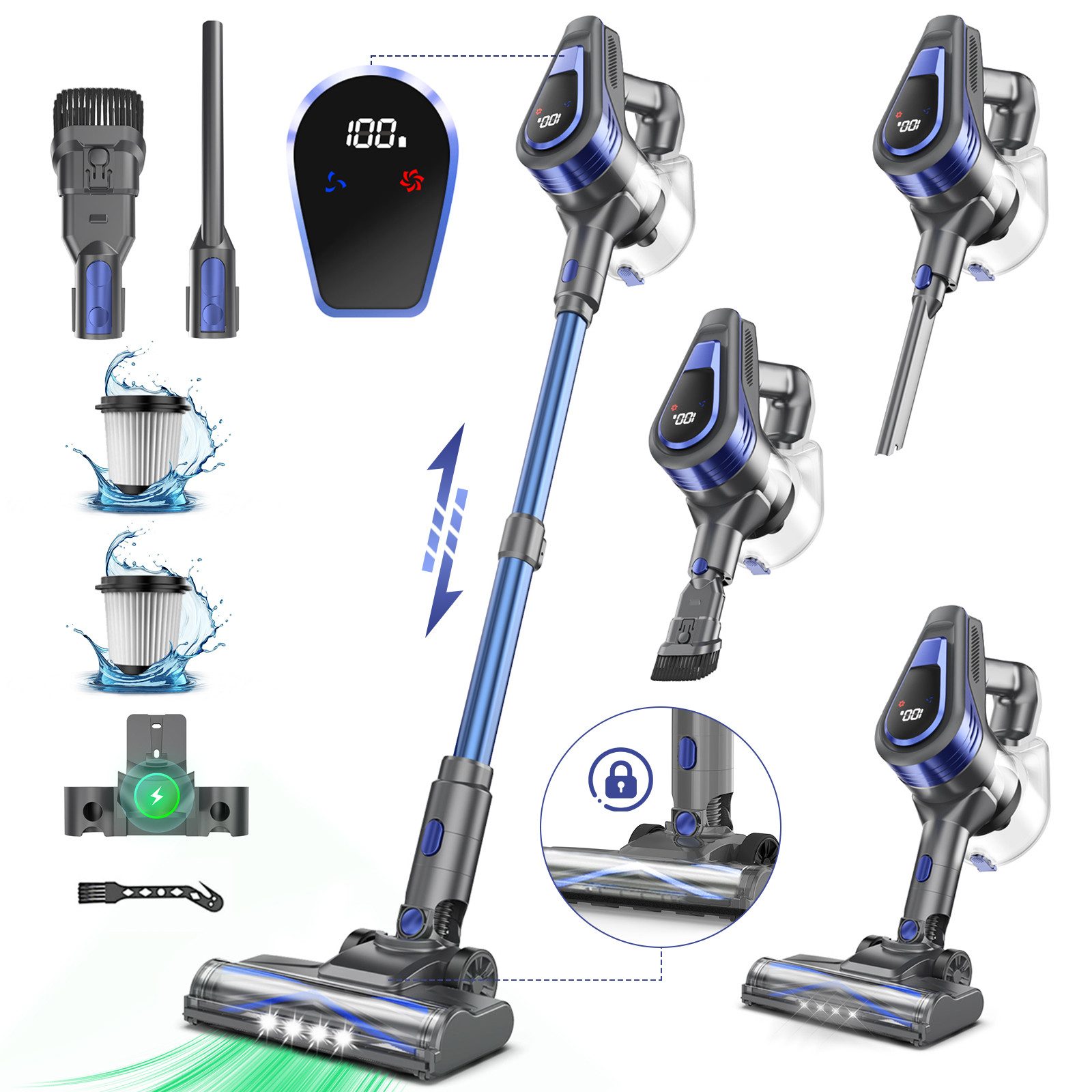 Grenintol Akku-Hand-und Stielstaubsauger 48000Pa Akku Staubsauger,Akku Handstaubsauger,Akkusauger Kabelloser, 300 W, beutellos, 6×2600mAh Hochleistungsakku • Leiser Betrieb