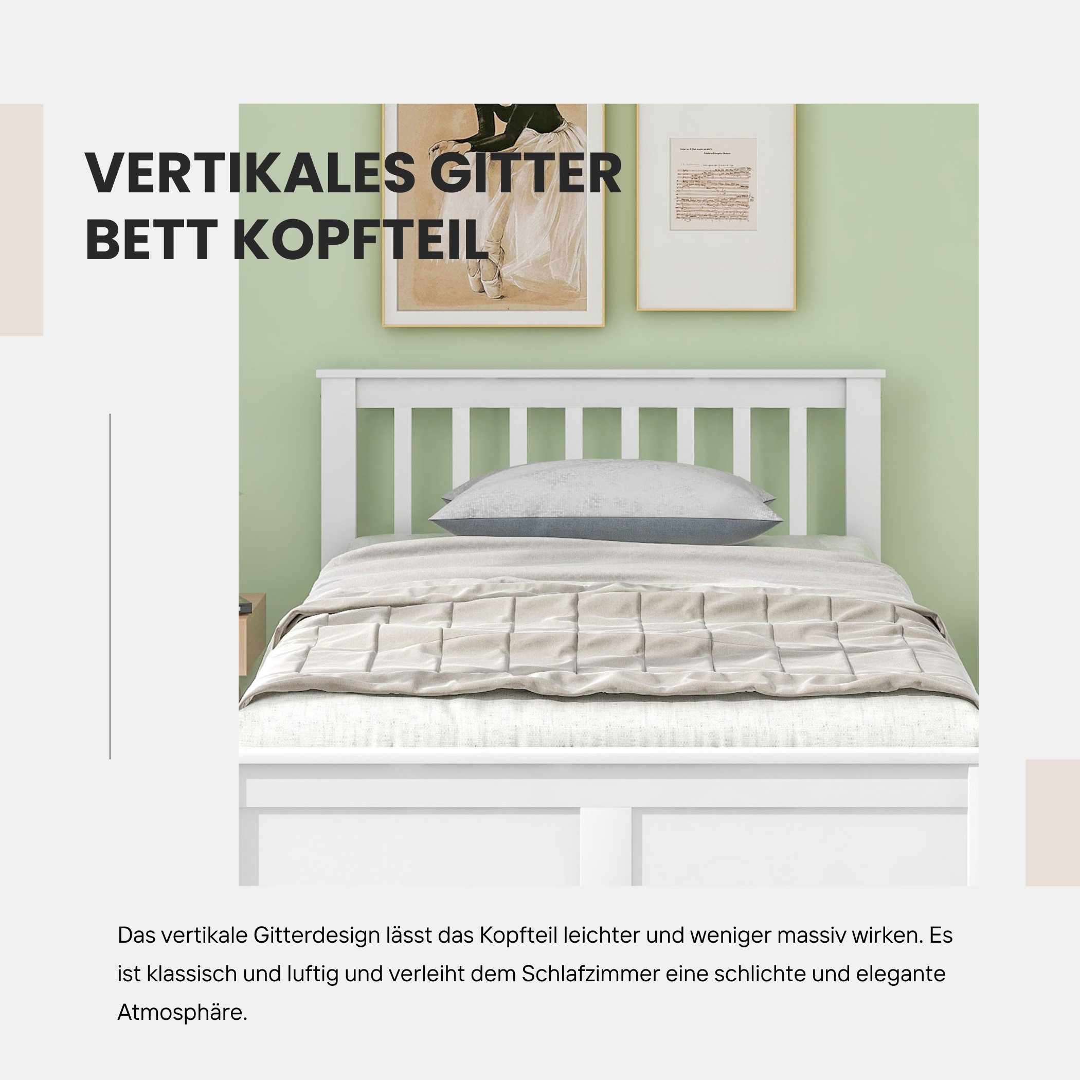 SeedWave Holzbett Nordischer Holzbett im skandinavischen Stil, Holzbett mit 2 Schubladen, Doppelbett Einzelbett Weiß, Vertikales Gitter Bett Kopfteil
