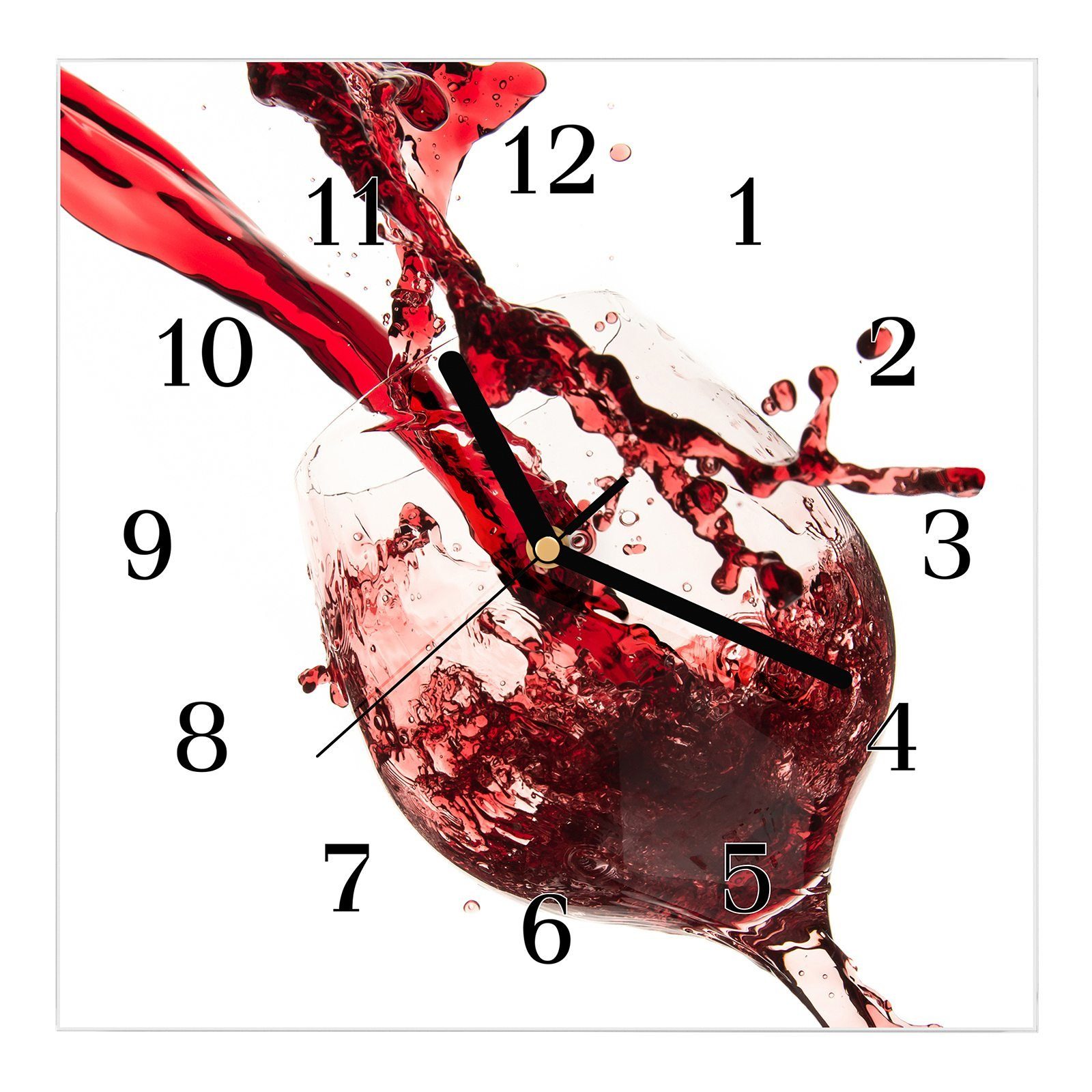 Primedeco Wanduhr Glasuhr Wanduhr Wandkunst Größe 30 x 30 cm mit Motiv Rotwein ins Glas