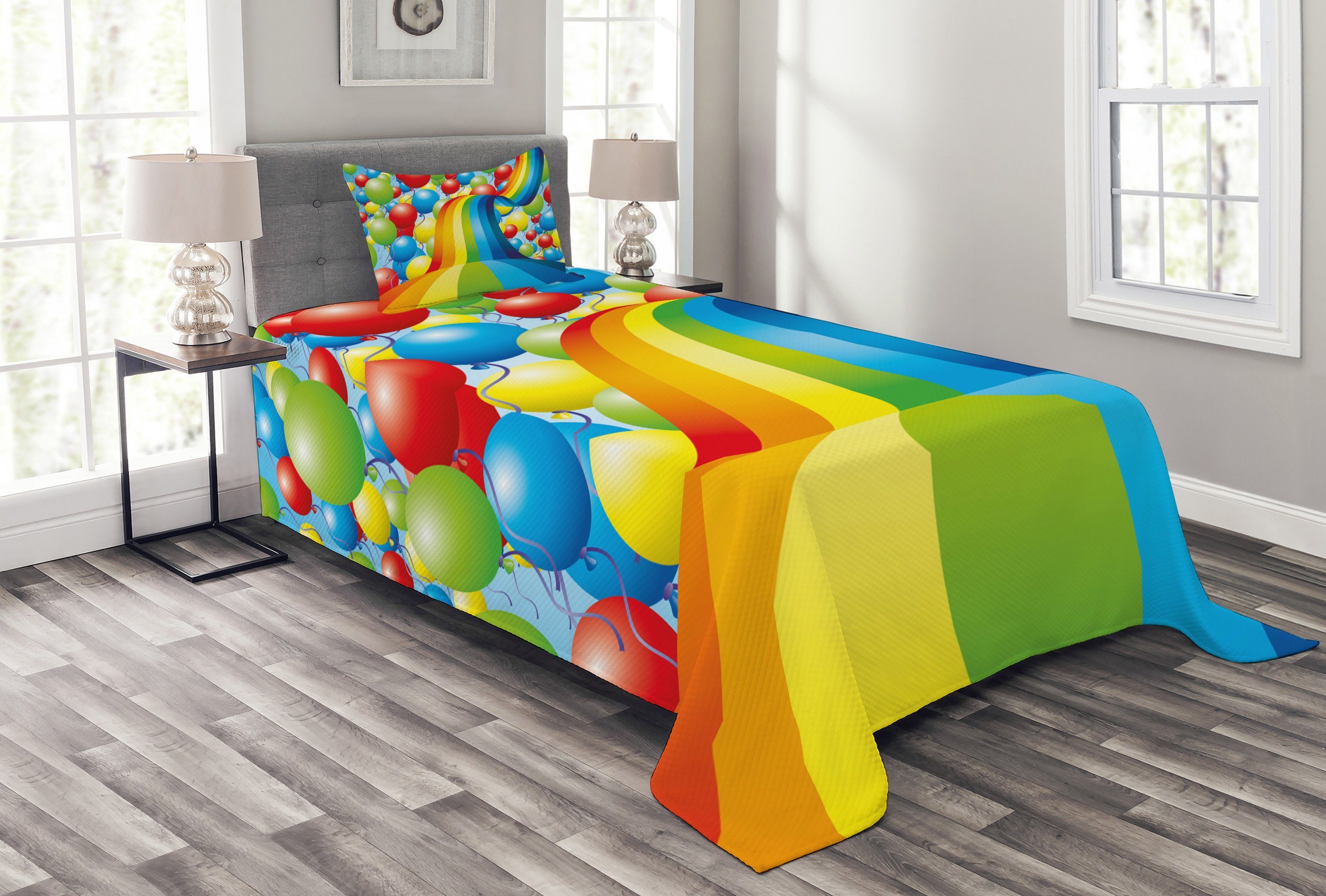 Tagesdecke Set mit Kissenbezügen Waschbar, Abakuhaus, Regenbogen Luftballons Bänder Wellig