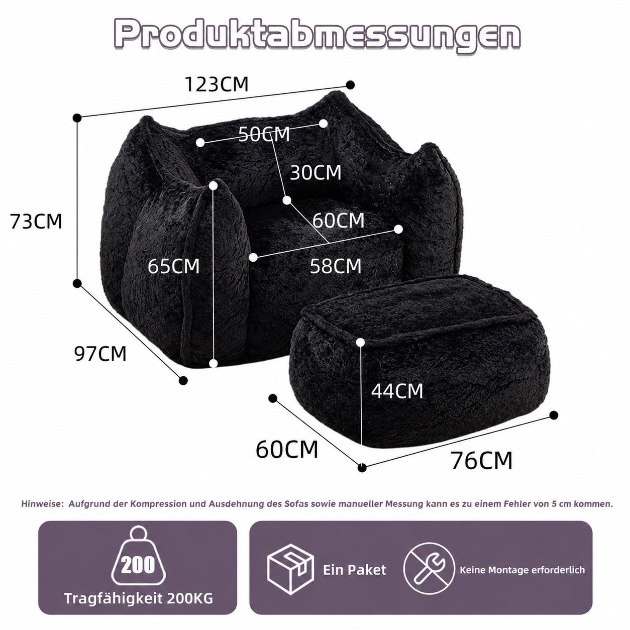 Vankel Relaxliege Sofas Wohnzimmer Loungesessel mit Hocker aus Kunstfell weich, Bean Bag Sessel mit Fußhocker, Schaumstofffüllung & Komfort