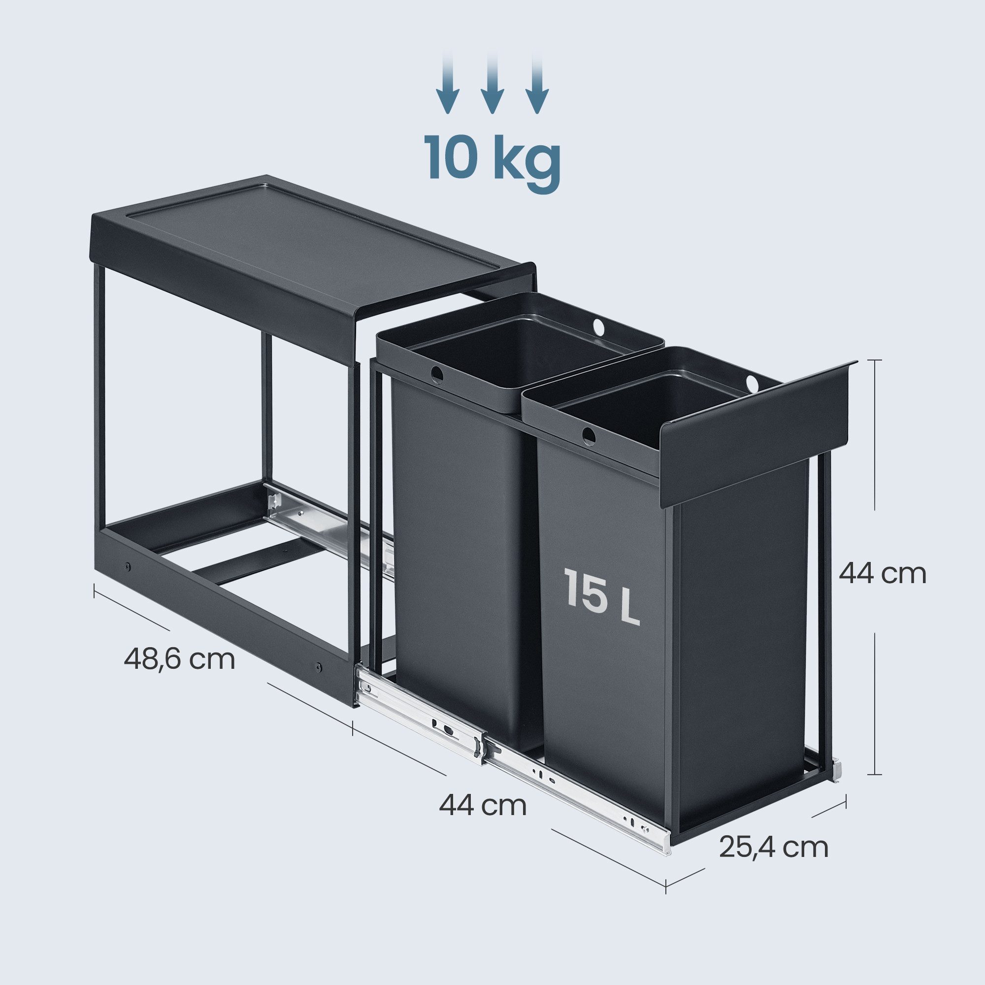 SONGMICS Mülleimer Mülltrennsystem für Unterschrank, 2X15L 2X20L, Mülleimer küche, Abfalleimer 2 Fächer, ausziehbar, Stahlrahmen