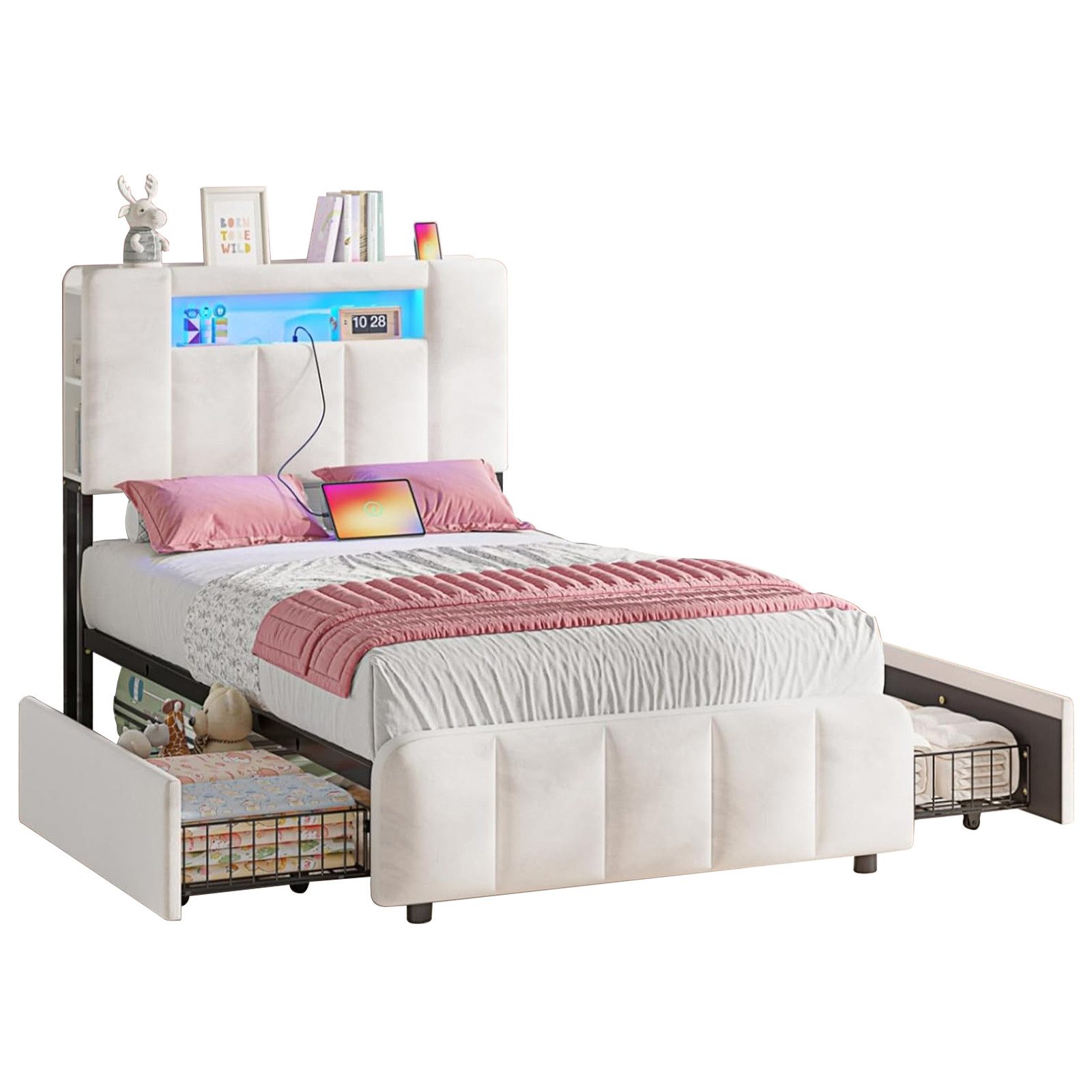 MSMASK Polsterbett mit 2 Schubladen, LED-Beleuchtung und Ladestation (Ohne Matratze), Kinderbett Jugendbett Einzelbett 90 x 200 cm