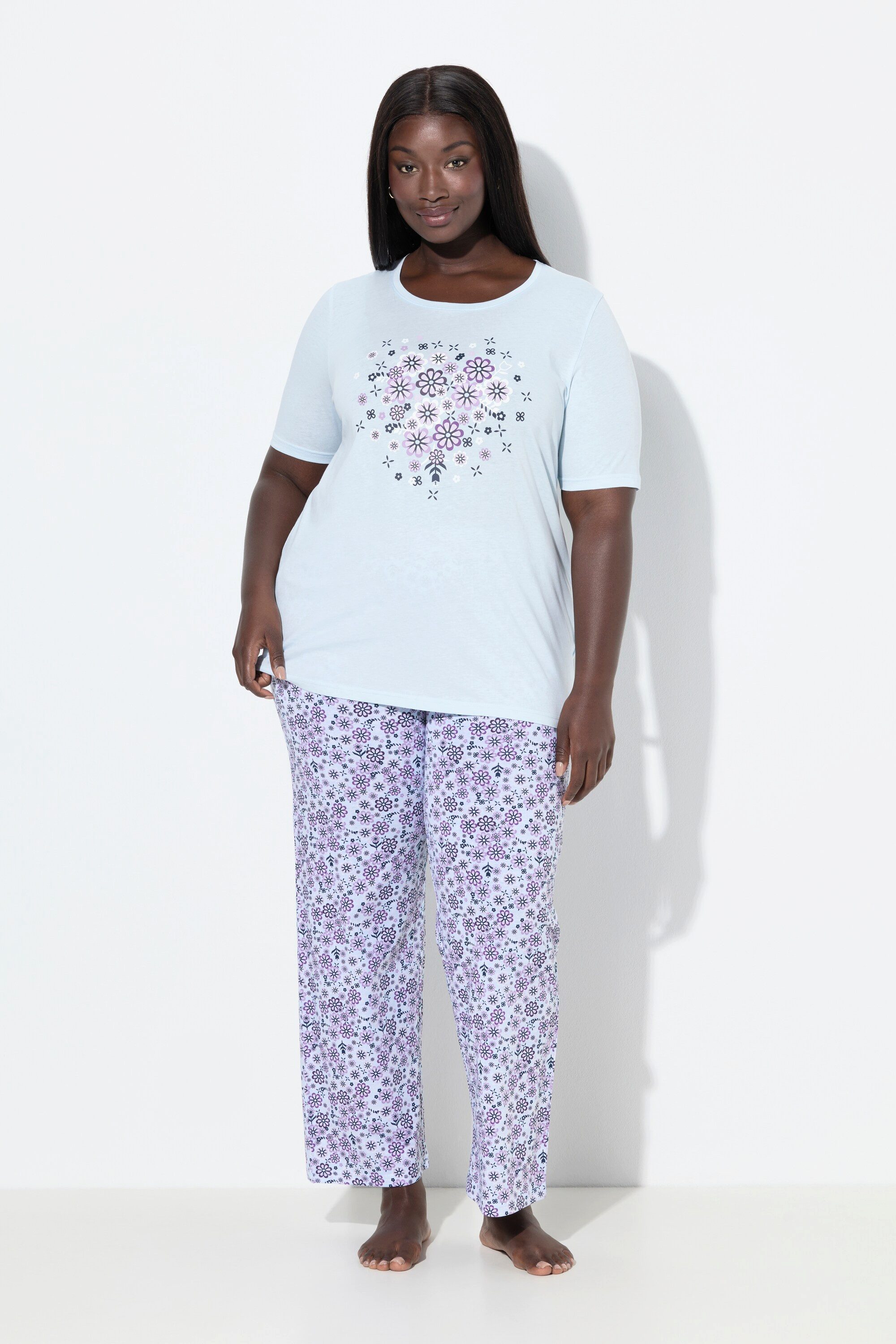 Ulla Popken Pyjama Pyjama Blüten Rundhalsausschnitt Halbarm