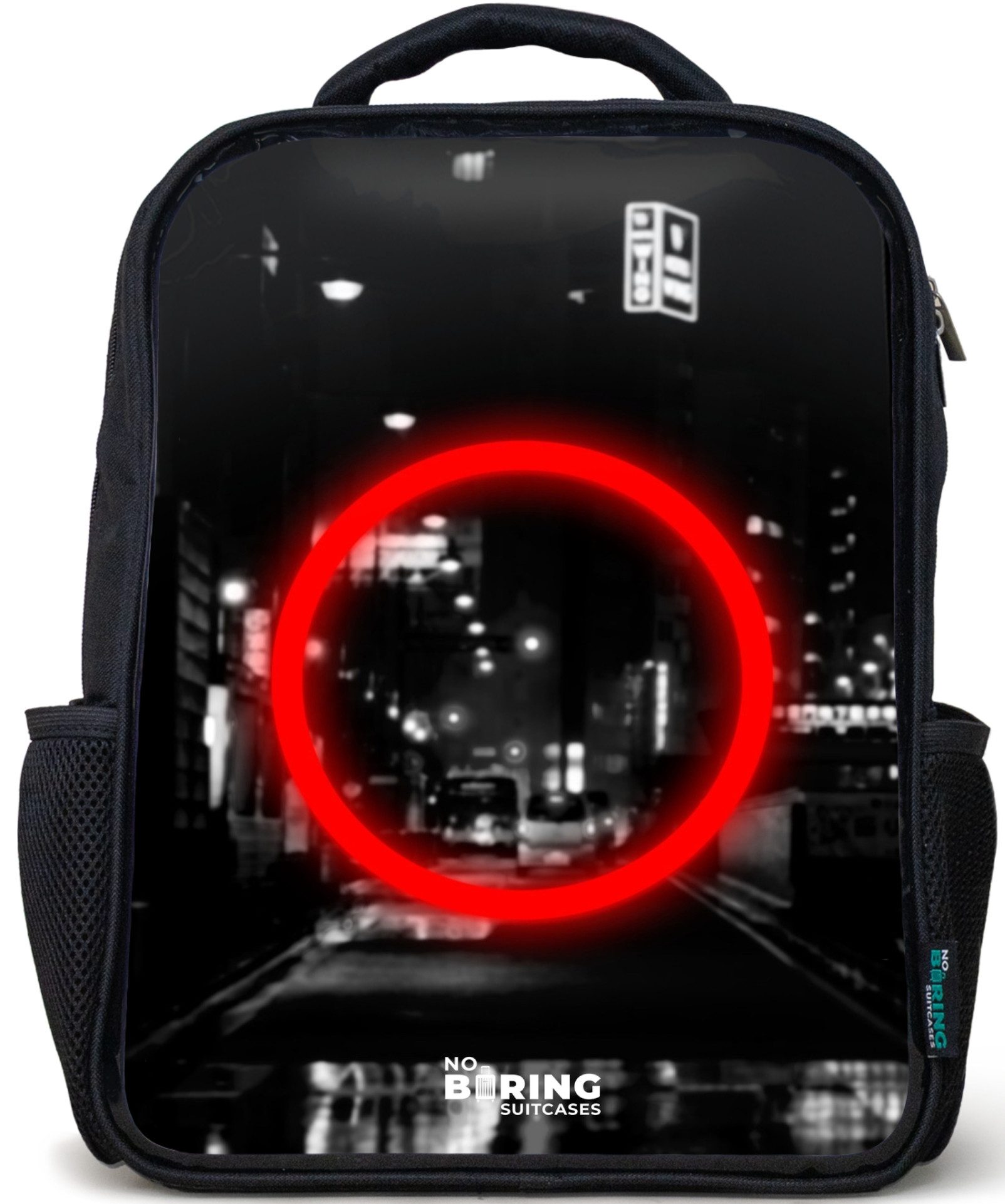 NoBoringSuitcases.com© Rucksack Schwarz - Leuchtend roter Kreis über einer Stadtstraße, Kinderrucksack Schwarz, Schulrucksack, Freizeitrucksack Jungen Mädchen
