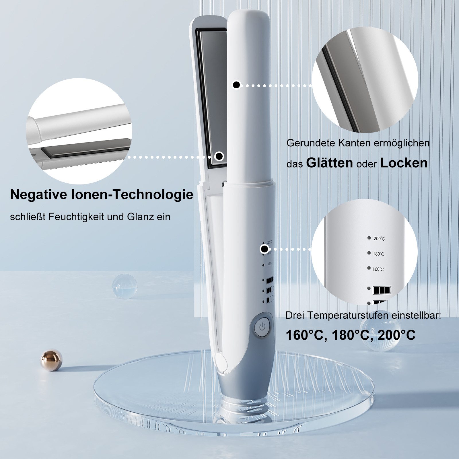 ibettertec Glätteisen Akku-Haarglätter,2-in-1 Haarglätter zum Locken und Glätten der Haare 10-Sekunden-Schnellaufheizung, 3 Heizstufen, Dualspannung für alle Haartypen, weiße