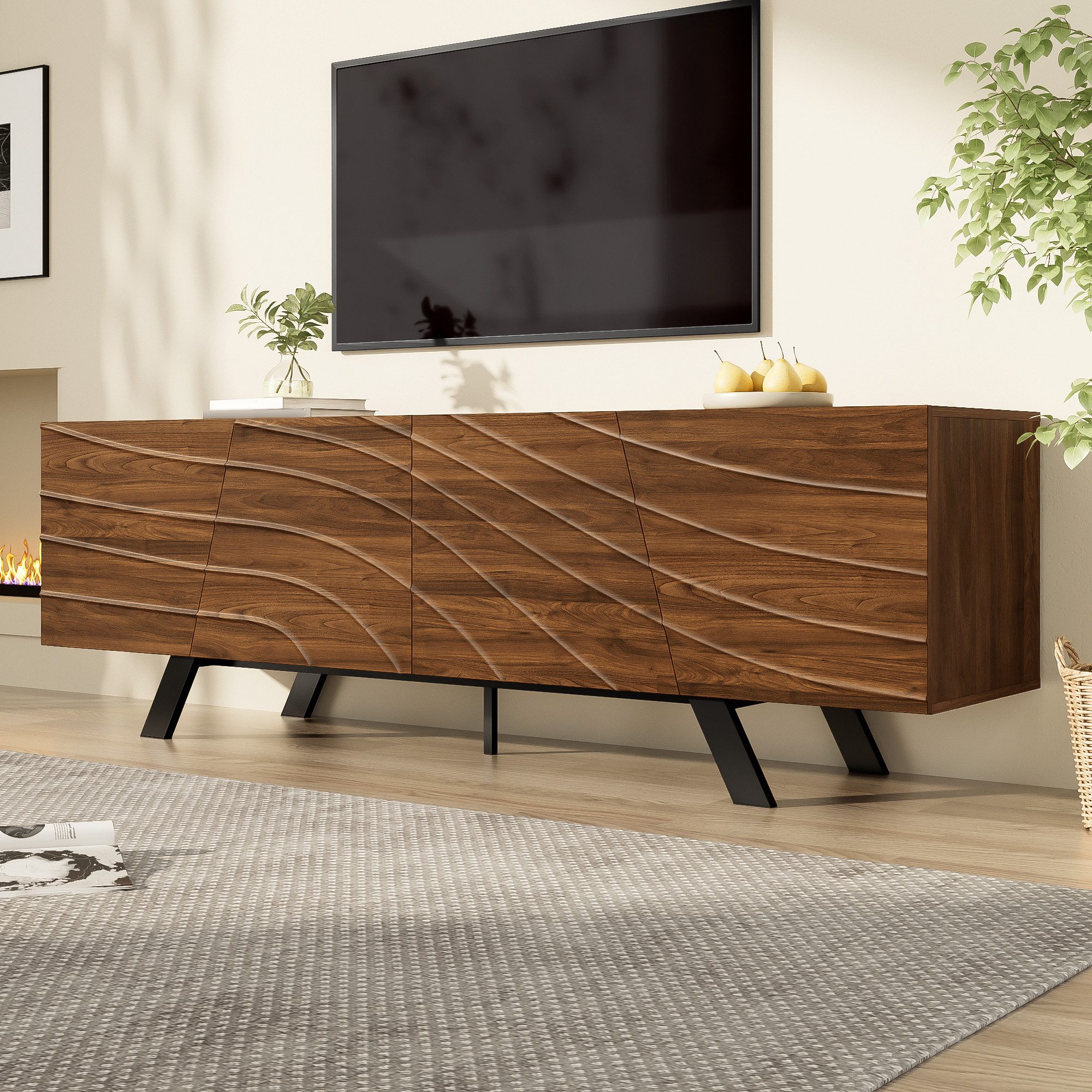 HAUSS SPOLE Lowboard mit Wellenfront,TV-Schrank Fernsehschrank mit Eisenbeinen,Walnuss