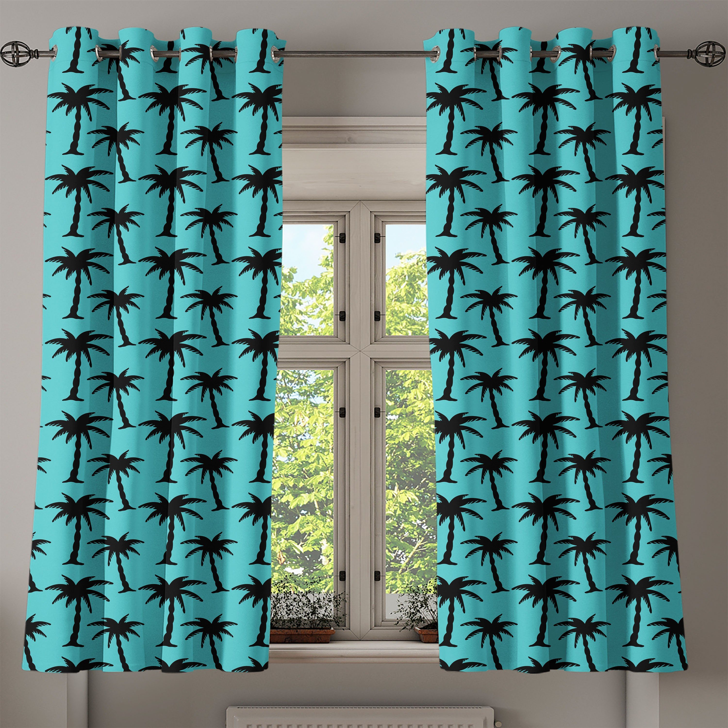 für Dekorative Gardine Blau 2-Panel-Fenstervorhänge Silhouetten auf Schlafzimmer Wohnzimmer, Palme Abakuhaus,