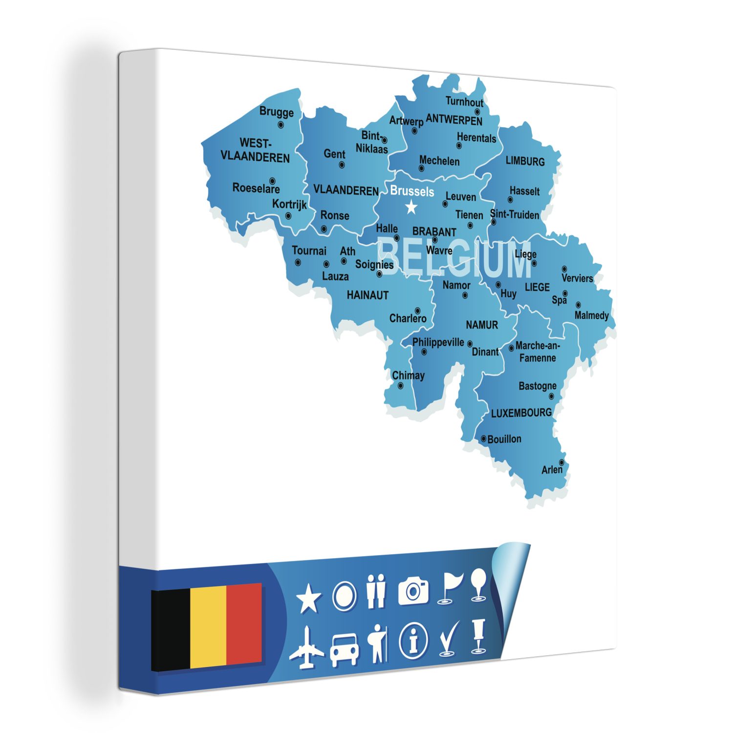 OneMillionCanvasses® Leinwandbild Eine Illustration einer Karte von Belgien und seinen wichtigsten, (1 St), Leinwand Bilder für Wohnzimmer Schlafzimmer