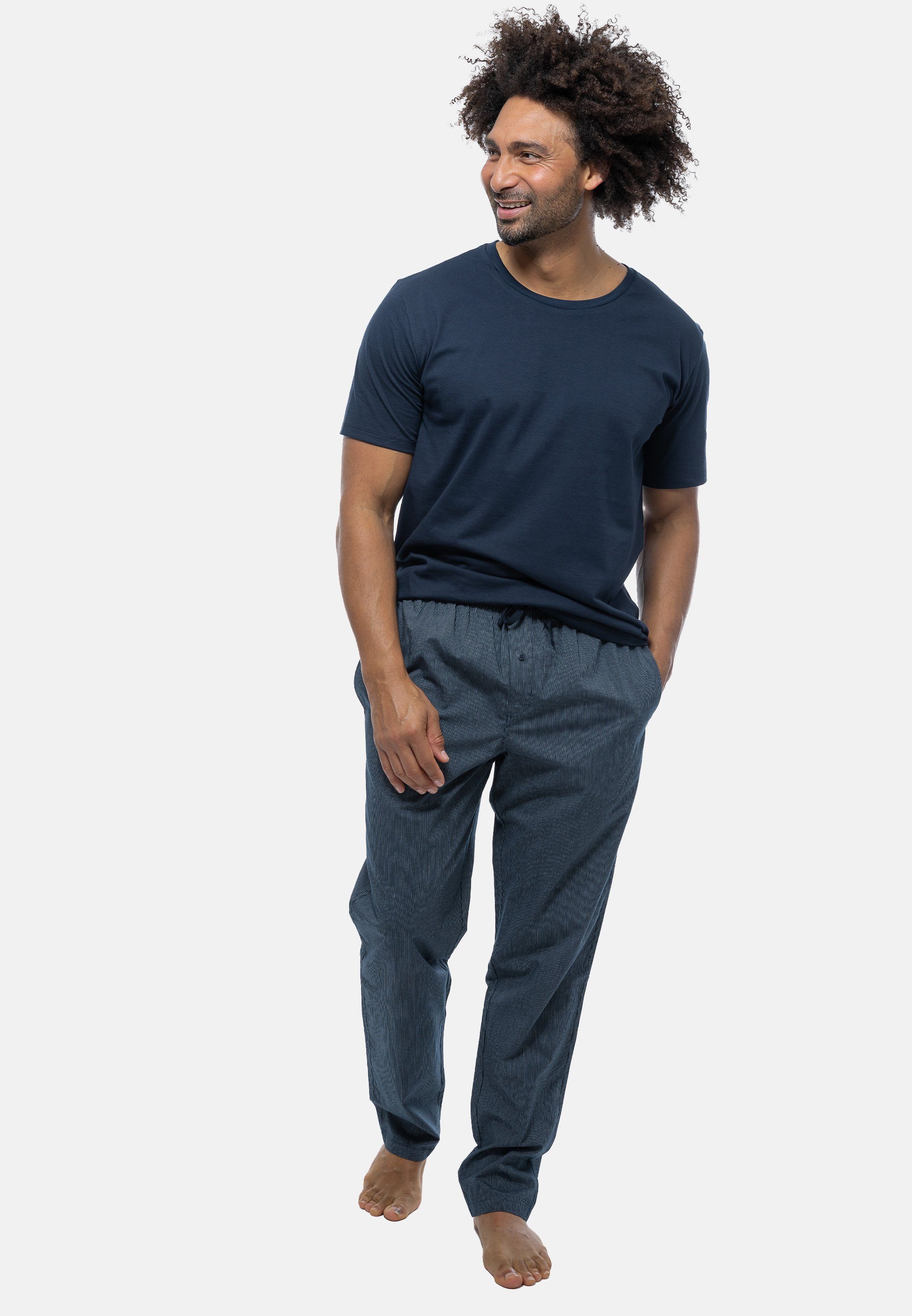 Schiesser Pyjama Mix (Set, 2 Schlafanzug tlg) Kurzarm-Shirt Blau Rundhals-Ausschnitt - - mit Baumwolle gemustert