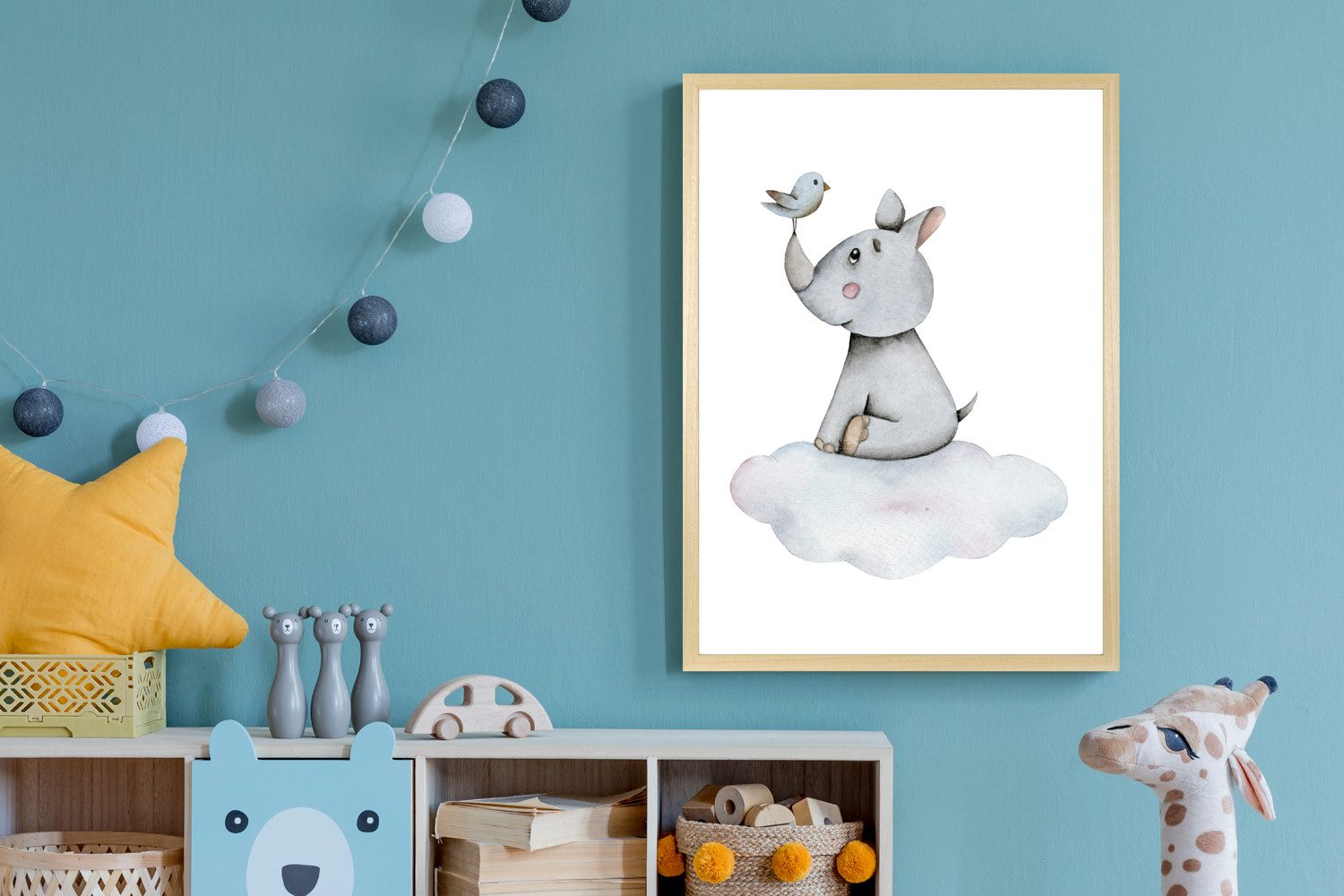 Bild mit Rahmen Nashorn mit Vogel auf Wolke