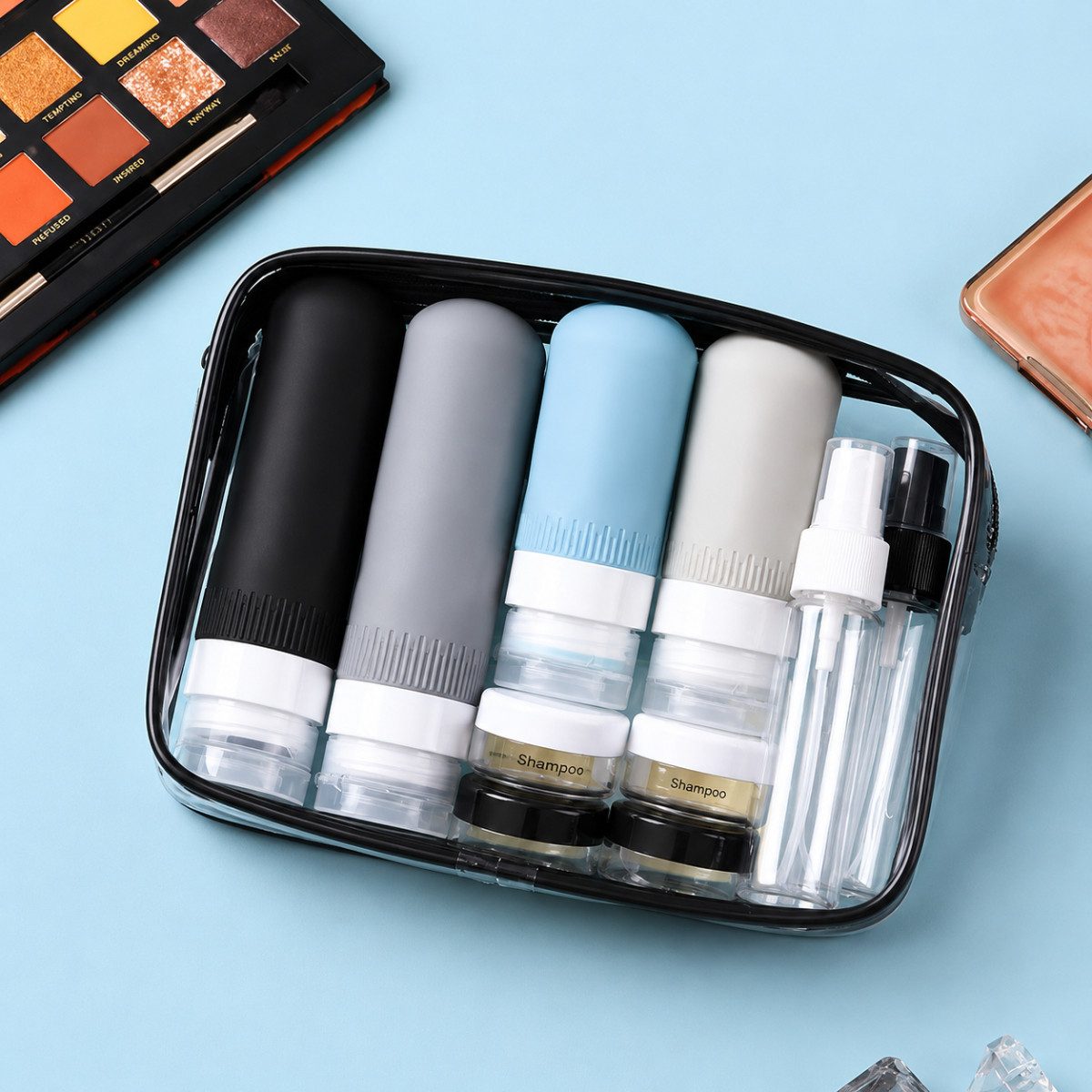 R2 Invest Kulturbeutel Transparente Kosmetiktasche mit nachfüllbaren Reiseflaschen – Bild 2 von 2