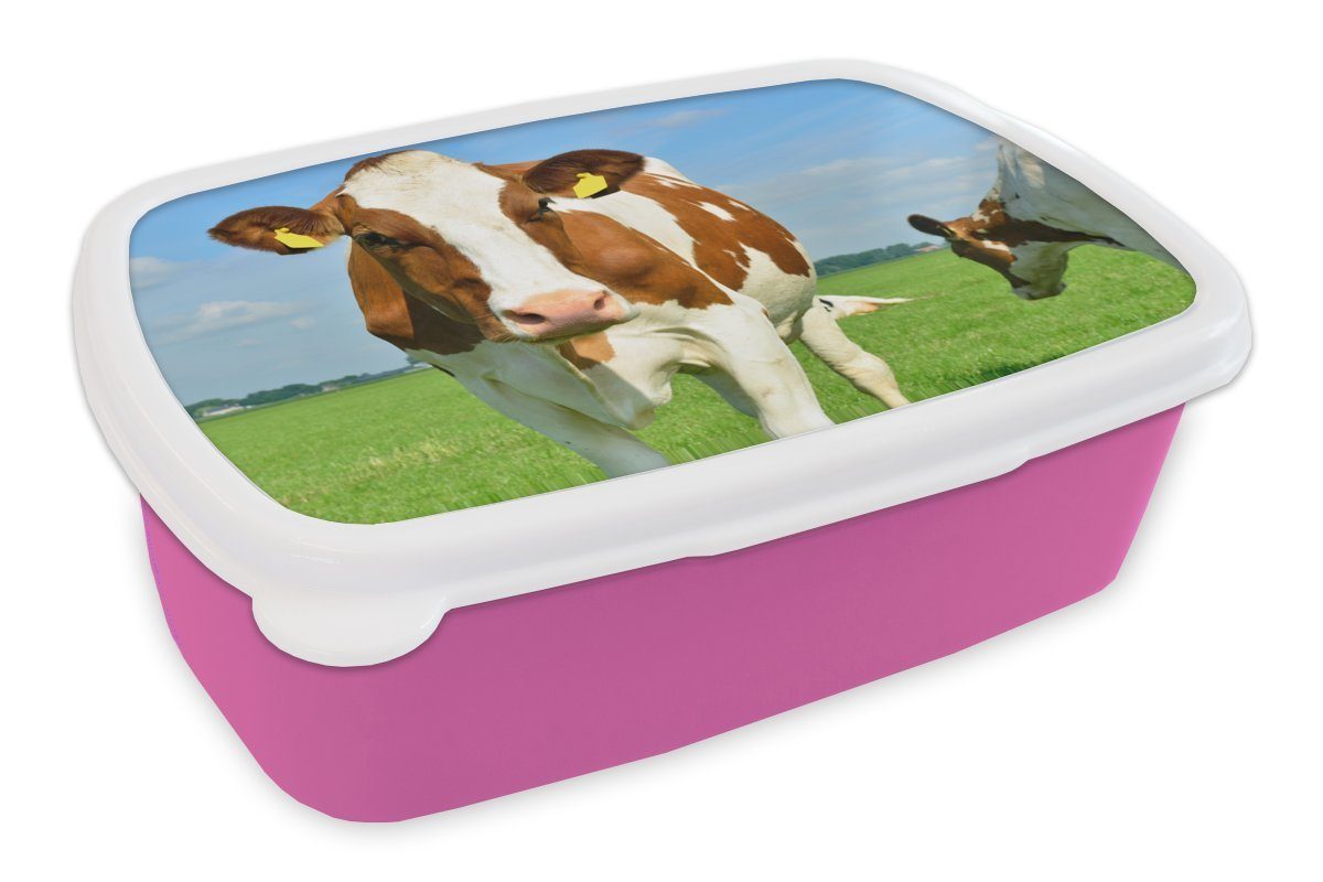 MuchoWow Lunchbox Kuh Snackbox, - Erwachsene, Brotdose Kinder, Porträt - (2-tlg), Brotbox Kunststoff für Braun, Mädchen, rosa Kunststoff