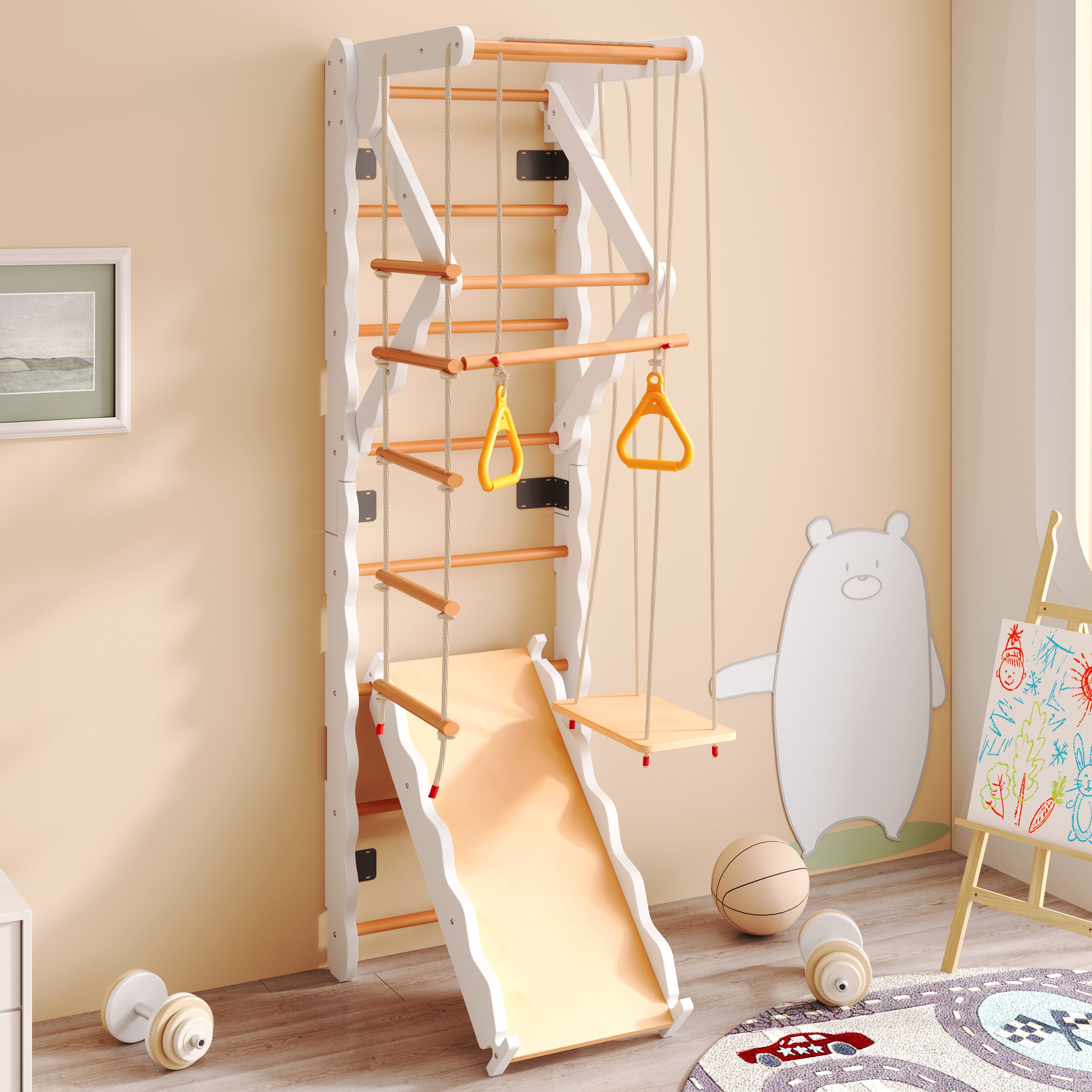 Yoimoimo Klettergerüst 6-in-1 Klettergerüst aus Buche - Mit Rutsche, Schaukel & Ringen