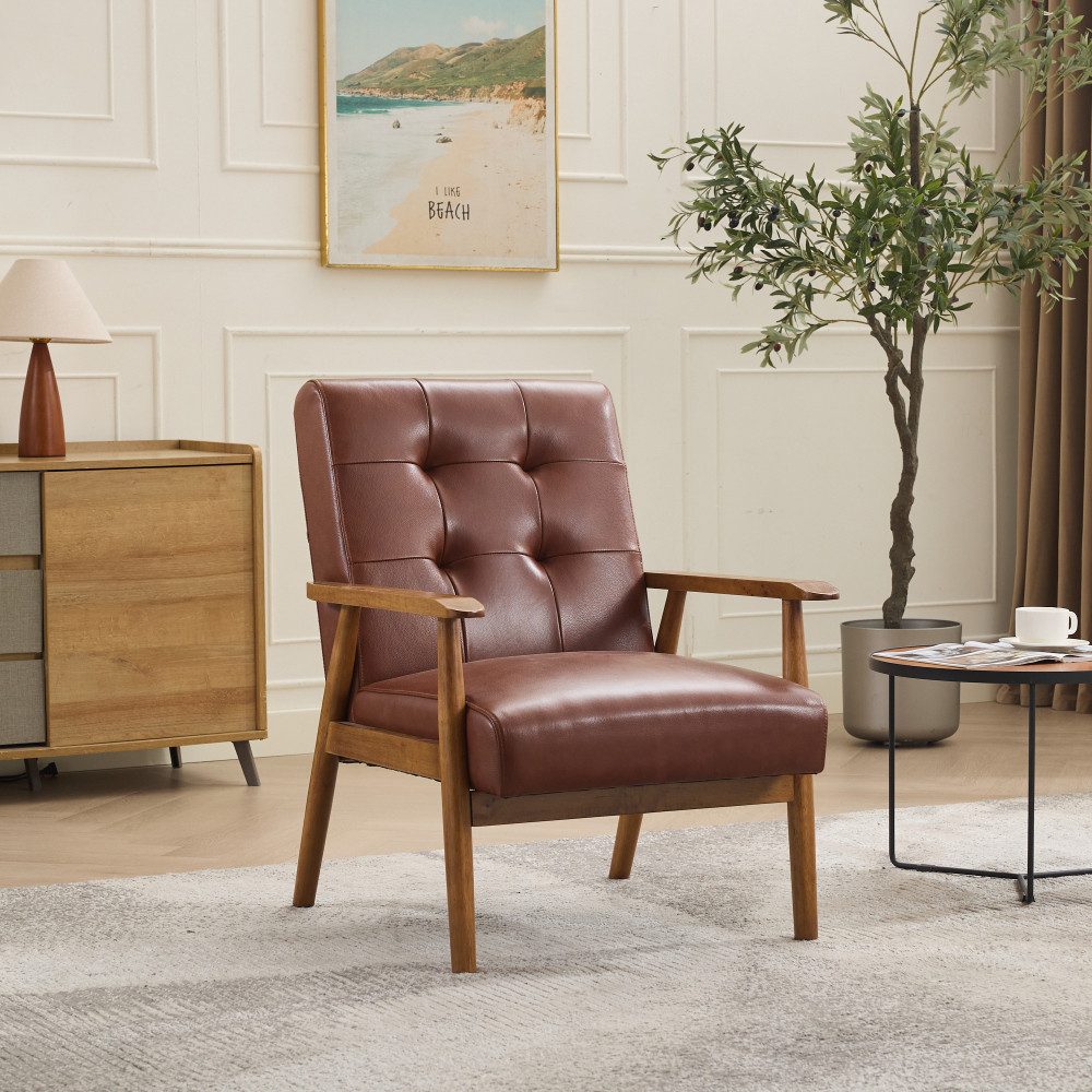 BBWL Sessel Echtleder Sessel mit Nussbaum-Armlehnen & Gummibaumbeinen, Wohnzimmer Relaxsessel, Komfort Einzelstuhl, Modern, 64x80x83cm