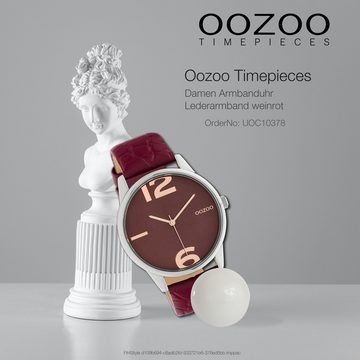 OOZOO Quarzuhr Oozoo Damen Armbanduhr Timepieces Analog, (Analoguhr), Damenuhr rund, groß (ca. 40mm), Lederarmband weinrot, Fashion