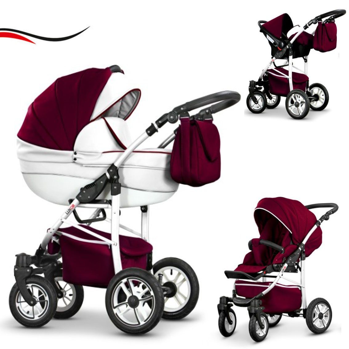 babies-on-wheels Kombi-Kinderwagen 3 in 1 Kinderwagen-Set Cosmo ECO - 16 Teile - in 29 Farben Bordeaux-Weiß Kunstleder