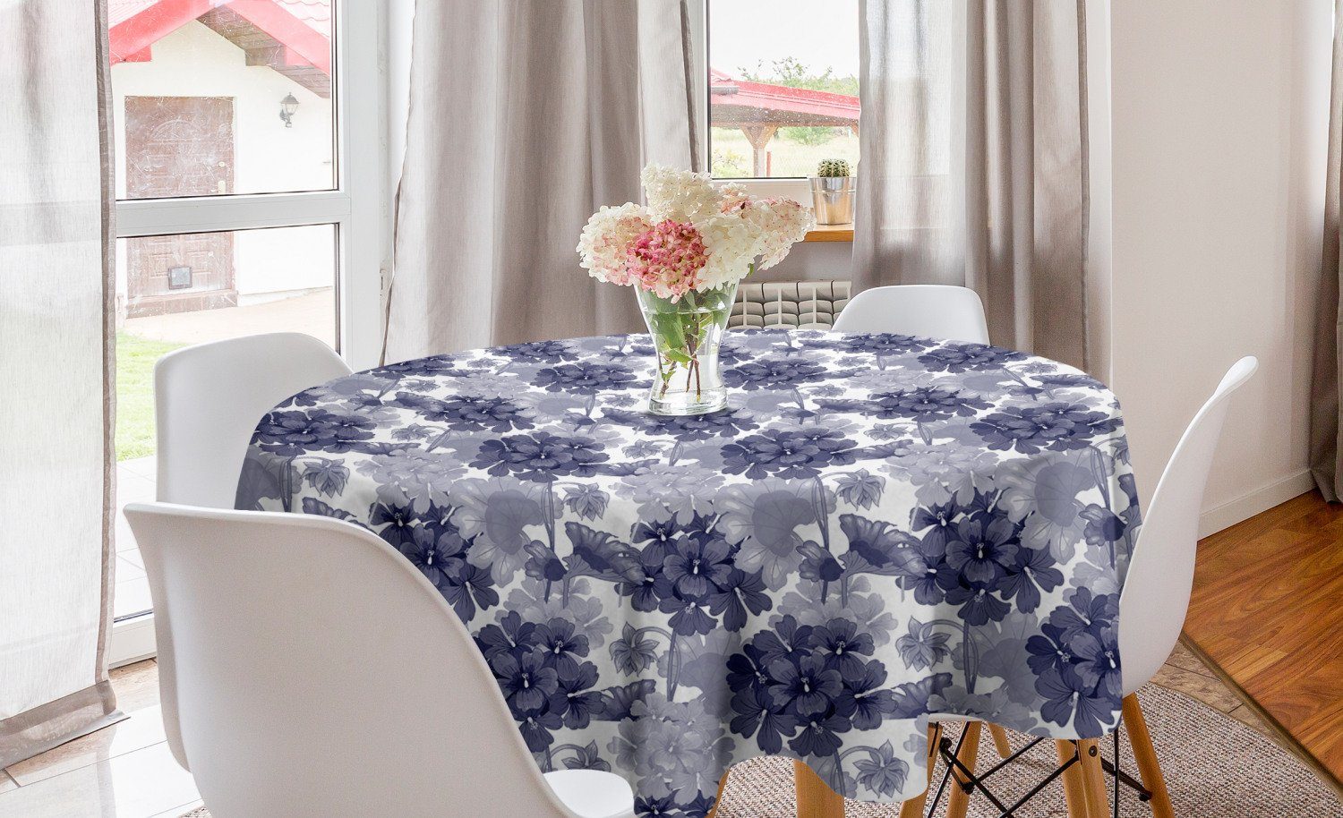 Abakuhaus Tischdecke Kreis Tischdecke Abdeckung für Esszimmer Küche Dekoration, Pelargonien Blumen in den kalten Tönen