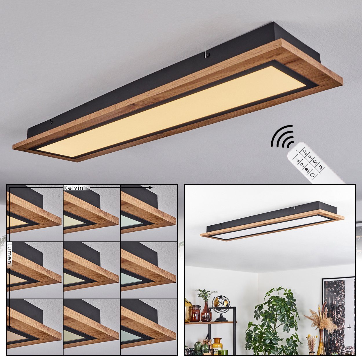 hofstein Deckenleuchte Deckenlampe aus Metall/MDF/Kunststoff in Schwarz/Holzoptik/Weiß, LED fest integriert, 3000 Kelvin, (80cmx 20cm), dimmbar über Fernbedienung, 3600 Lumen, LED 36 Watt