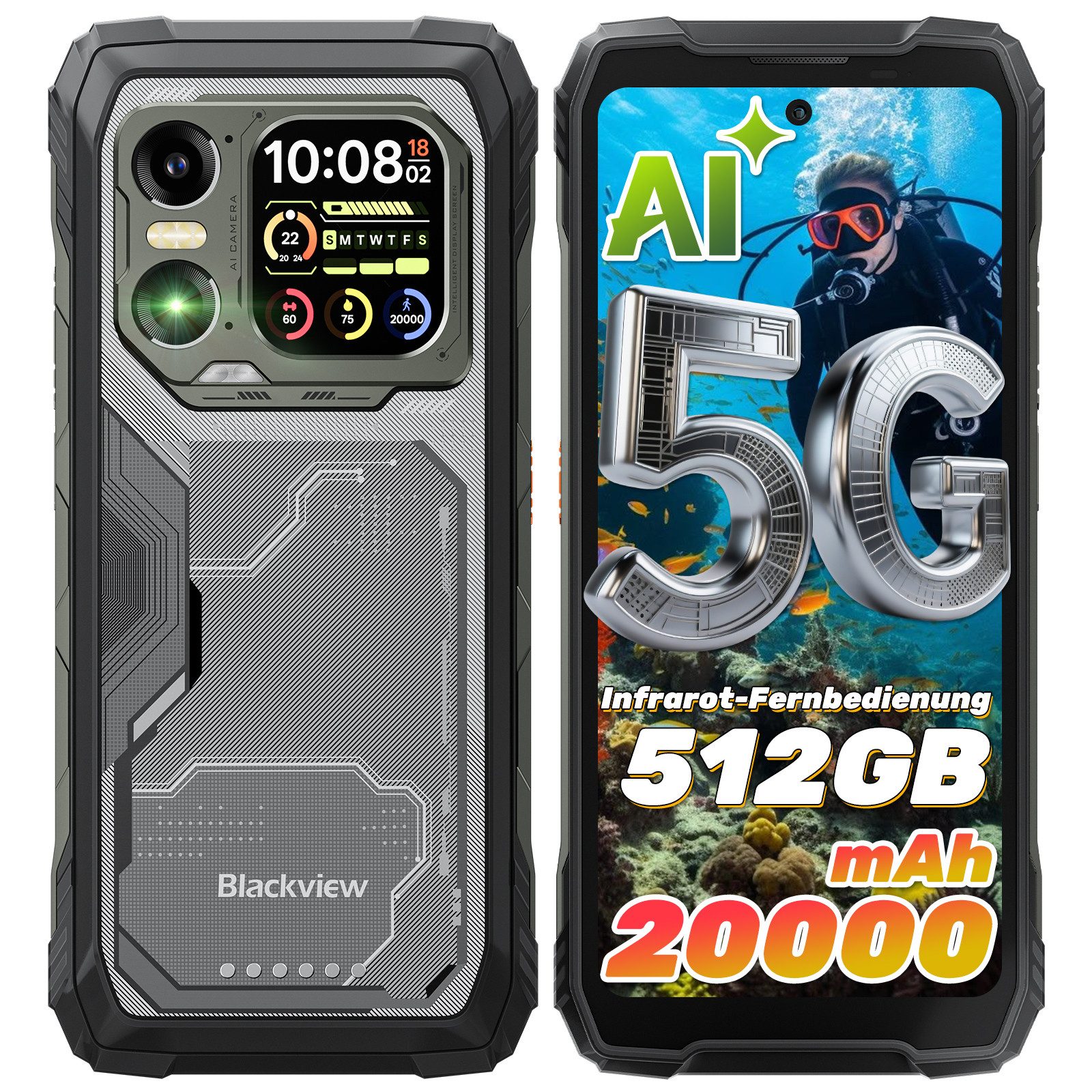 blackview XPLORE 1 Dual-Screen Outdoor Handy (6,78 Zoll, 256 GB Speicherplatz, 64 MP Kamera, 5G, 1080*2460, 120Hz, 64MP+50MP+20MP Nachtsicht, 55W, 5W OTG)