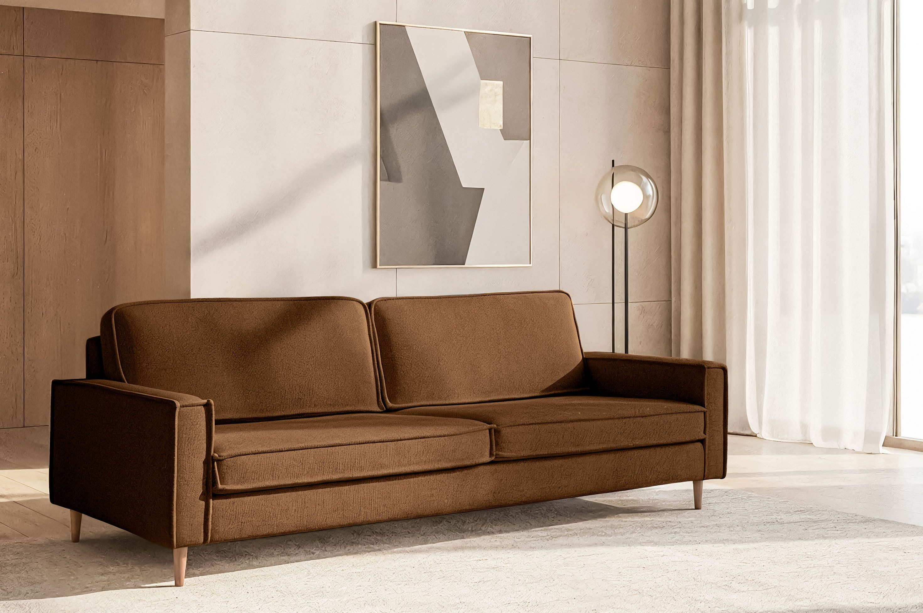 Home affaire 3-Sitzer Pinto Skandi,Maxi-Ausführung, 236 cm, Chenille, Struktur, mit Keder, Massivholzfüße Eiche geräuchert, Wellenunterfederung