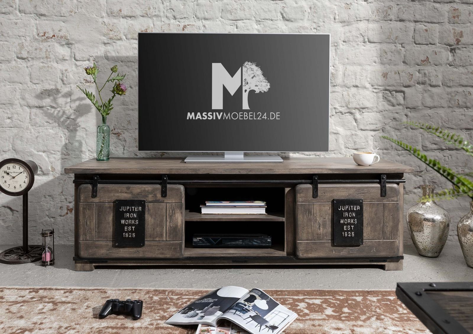 Massivmoebel24 TV-Board RAILWAY (Massivholz), Mango 160x45x50 grau lackiert RAILWAY #201