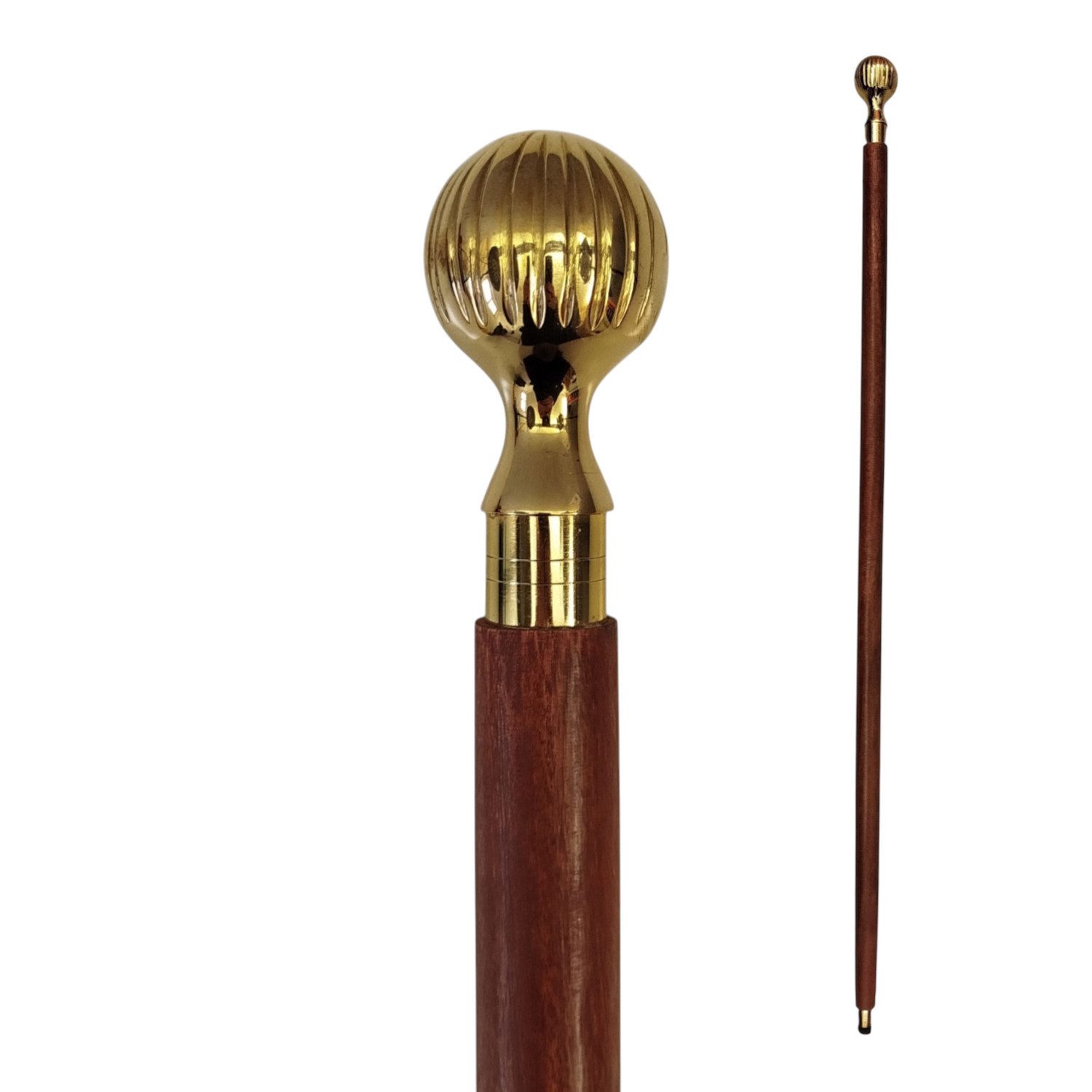 FTWdesign Frackstock Gerillter Kugelknauf Spazierstock aus Holz mit goldenem Griff Metall
