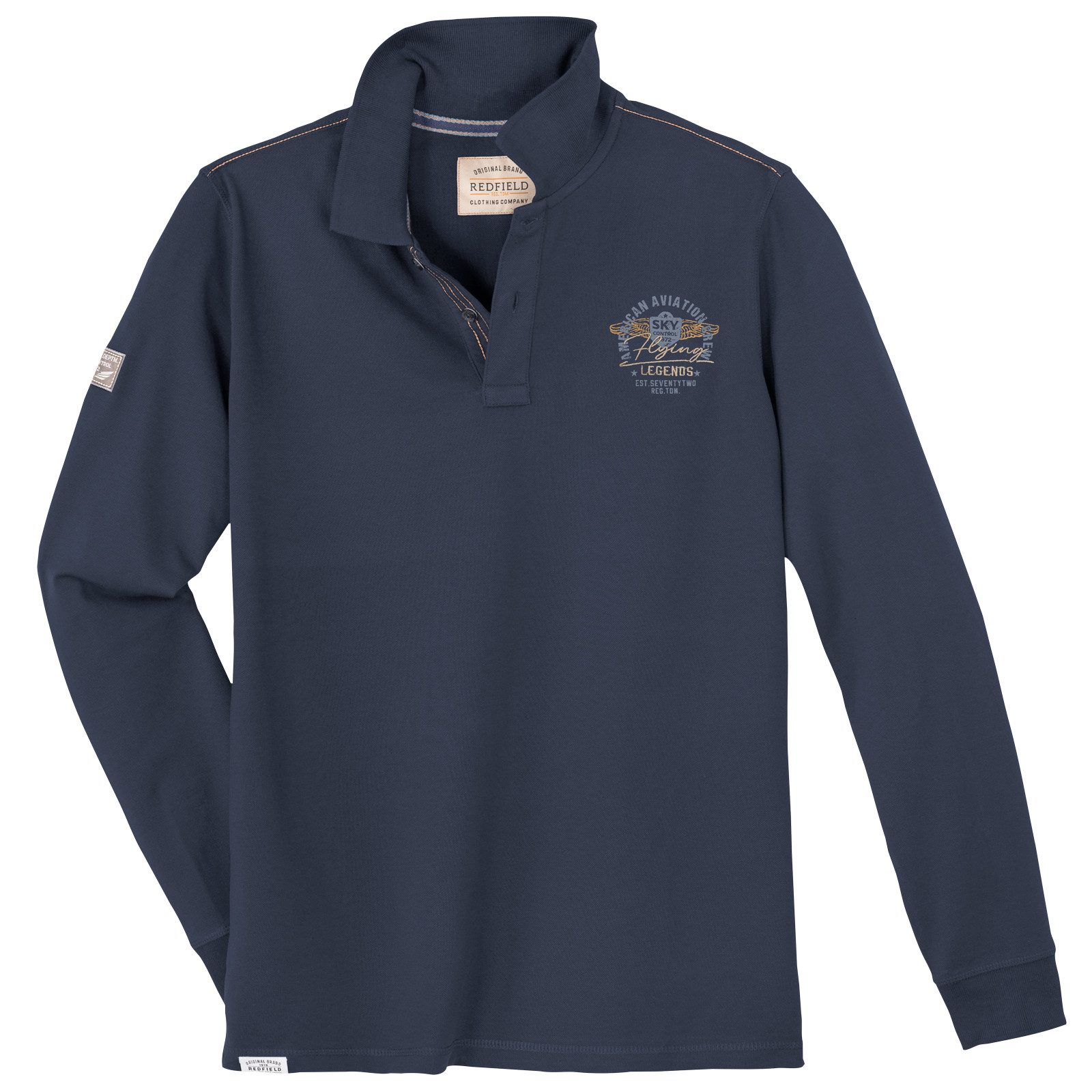 redfield Langarm-Poloshirt Redfield XXL Langarm-Poloshirt dunkelblau Brustprint