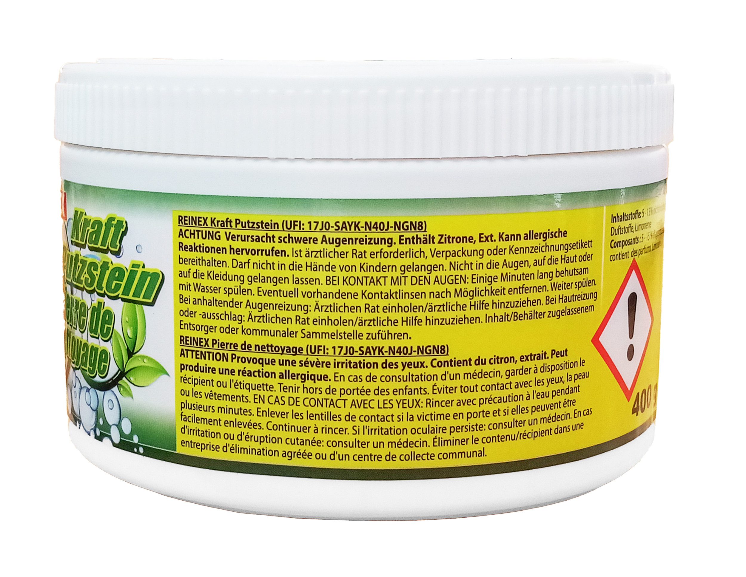 Reinex KRAFT PUTZSTEIN 400g mit Schwamm Universal Polierstein 91 Putzstein (Reinigungsstein Reinigungspolierstein Universalreiniger Reiniger)