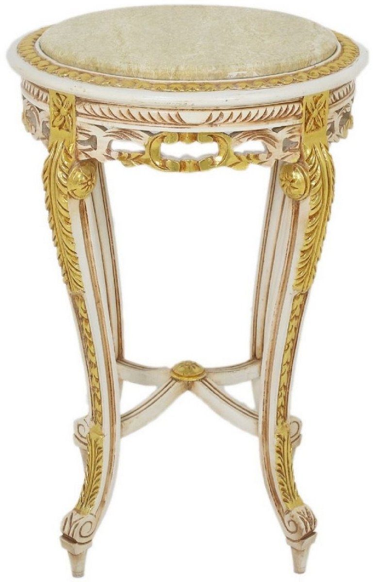Casa Padrino Beistelltisch Barock Beistelltisch mit Marmorplatte Weiß / Beige / Gold / Creme Ø 40 x H. 60 cm - Runder Antik Stil Tisch - Barock Möbel