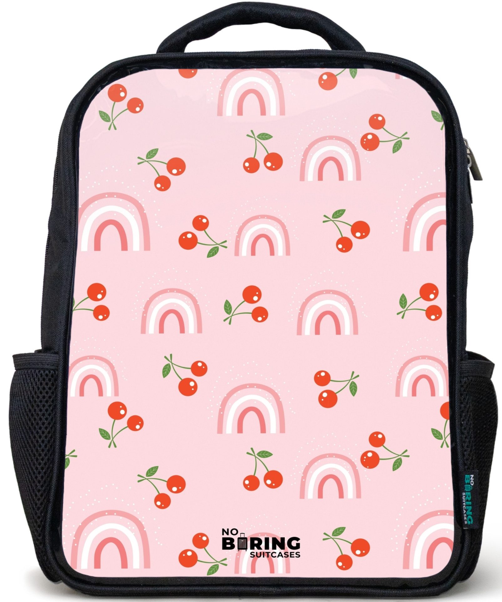 NoBoringSuitcases.com© Rucksack Schwarz - Rosa mit Regenbogen- und Kirschenmuster, Kinderrucksack Schwarz, Schulrucksack, Freizeitrucksack Jungen Mädchen