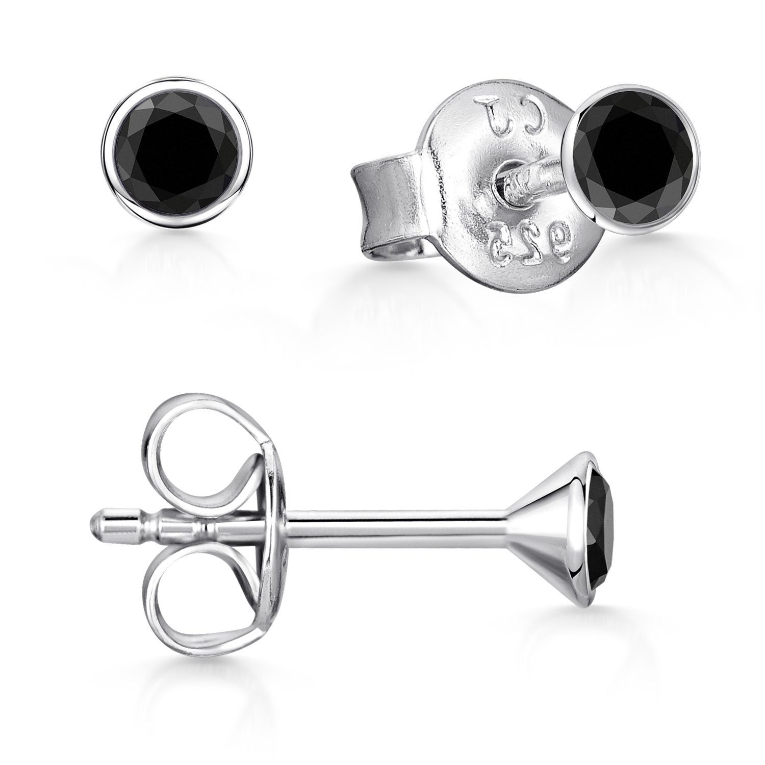 Materia Paar Ohrstecker Damen Mädchen Zirkonia Schwarz 3-5mm SO-437, 925 Sterling Silber, rhodiniert