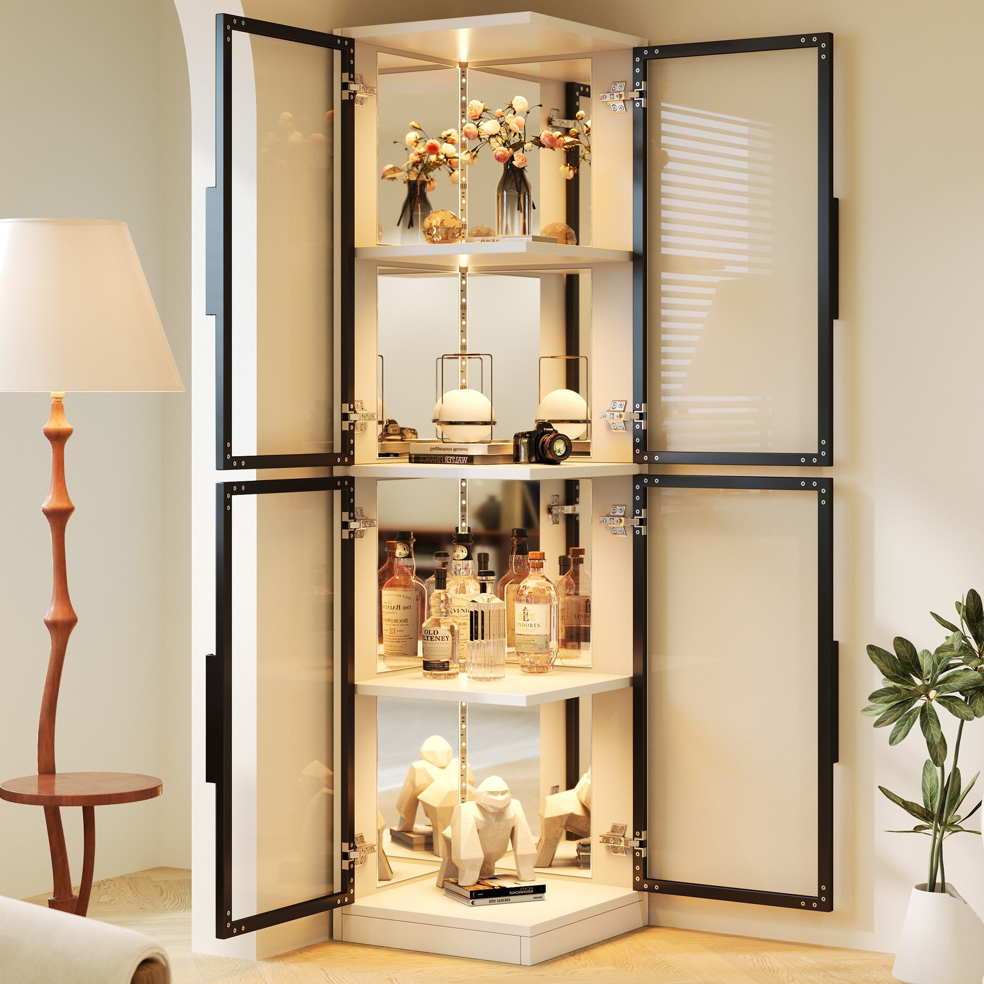 Flieks Eckvitrine Spiegelrückwand Glasvitrine Eckschrank Hochschrank mit LED-Beleuchtung (44×42×164 cm, 1-St., Multifunktionsschrank für Wohnzimmer, Schlafzimmer, Arbeitszimmer) Standvitrine Weinschrank Sammlervitrine mit 4 Glastüren, 4 Ebenen Weiß