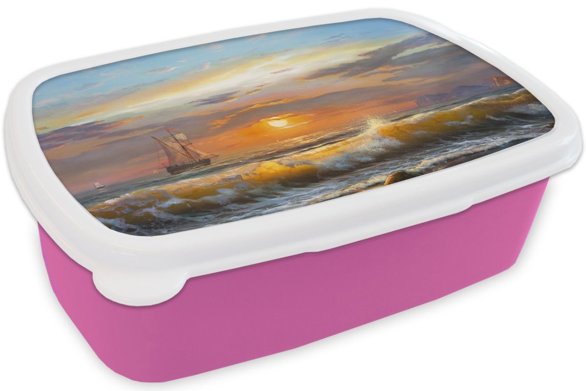 Ölfarbe, - rosa - Erwachsene, Kunststoff für (2-tlg), MuchoWow Malerei Lunchbox Brotbox - Brotdose Snackbox, Segelboot Wasser Mädchen, Kinder, Kunststoff,