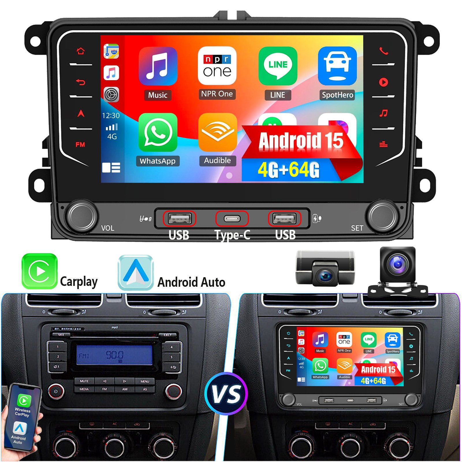 ESSGOO 7" Android 15 Für VW GOLF 5 6 Touran EOS Tiguan Polo 6R Passat Caddy Autoradio (RDS, 4+64G(optional), DAB (optional), FM, DAB+ (optional), Carplay Android Auto DAB (optional), RDS, FM, 4+64GB, SWC, GPS NAVI)