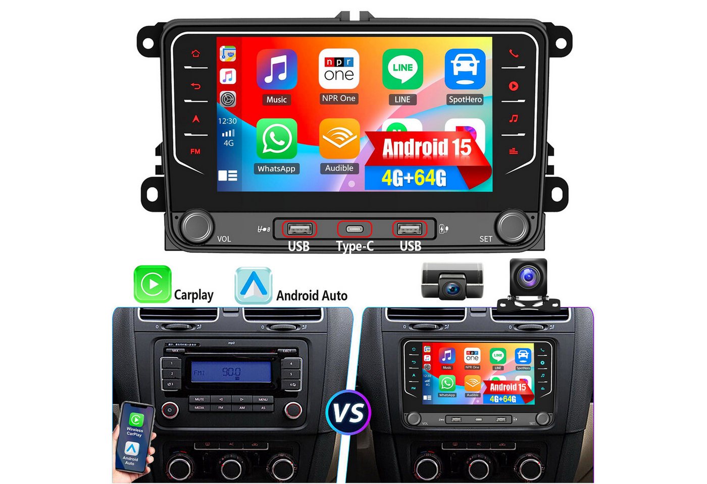 ESSGOO Android 15 Für VW GOLF 5 6 Touran EOS Tiguan Polo 6R Passat Caddy 2DIN Autoradio (RDS, 2DIN, 4+64G(optional), DAB (optional), FM, DAB+ (optional), Carplay Android Auto DAB (optional), RDS, FM, 4+64GB, SWC, GPS NAVI)