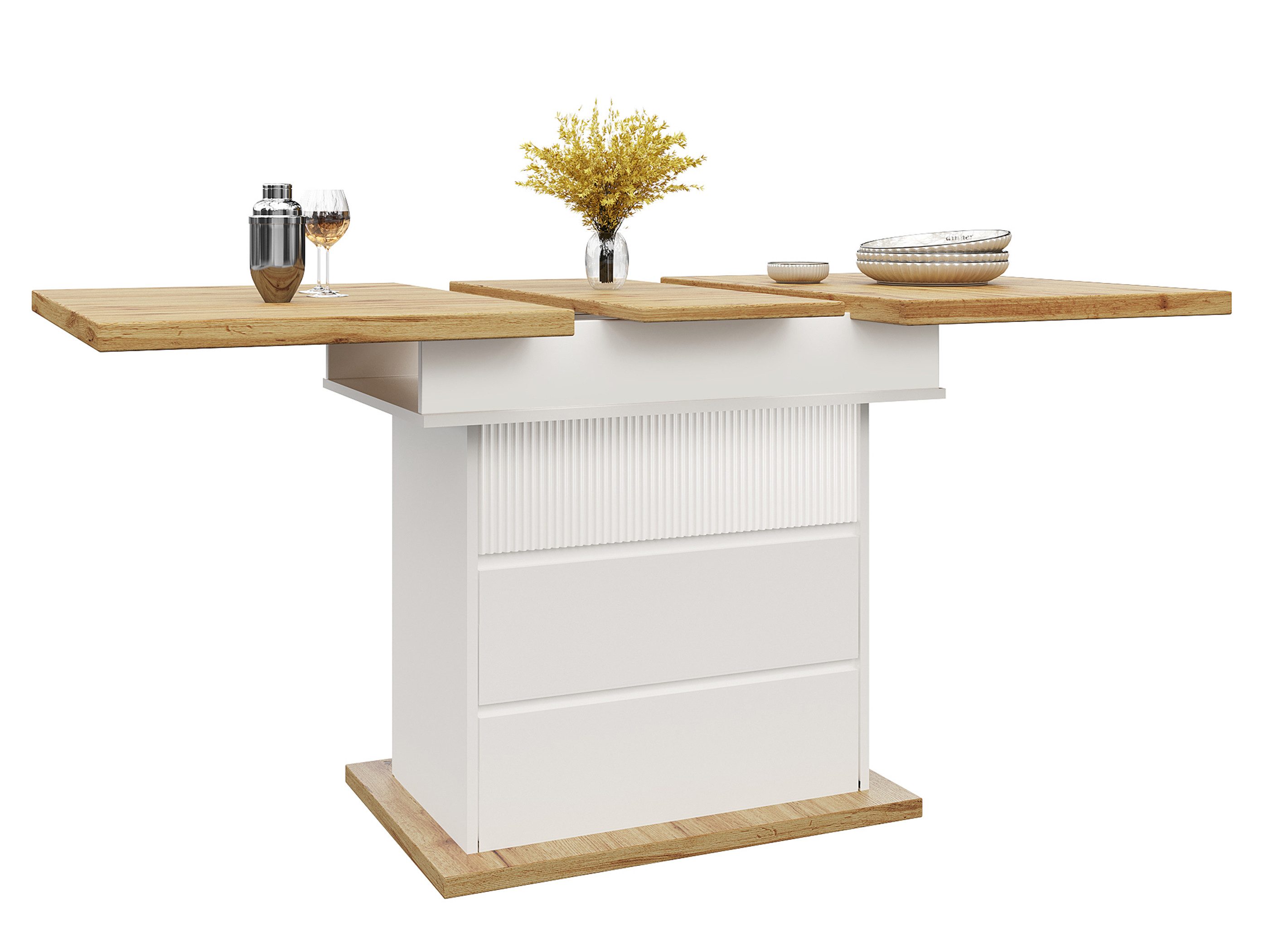 SeedWave Esstisch Ausziehbarer Küchentisch mit Erweiterter Tischplatte, Stauraum, Inkl. 1 geschlossenes Fach, 2 grifflose Schubladen