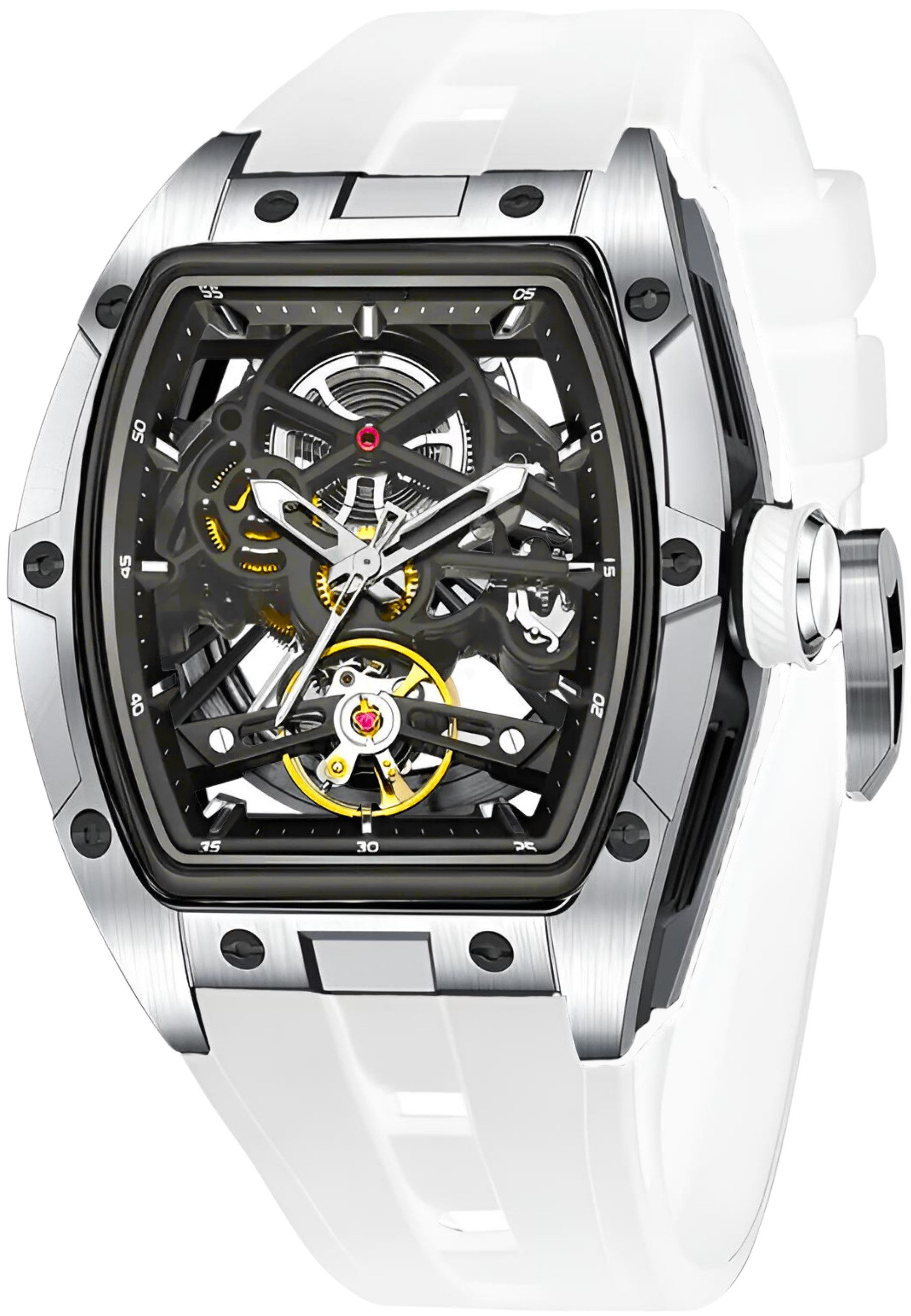 S&T Design Automatikuhr Armbanduhr Herren Uhr Edelstahl Silikon Skelett Skelleton, (inkl. Geschenkbox, Schnalle), Mechanisch 50M Wasserdicht Rechteckig