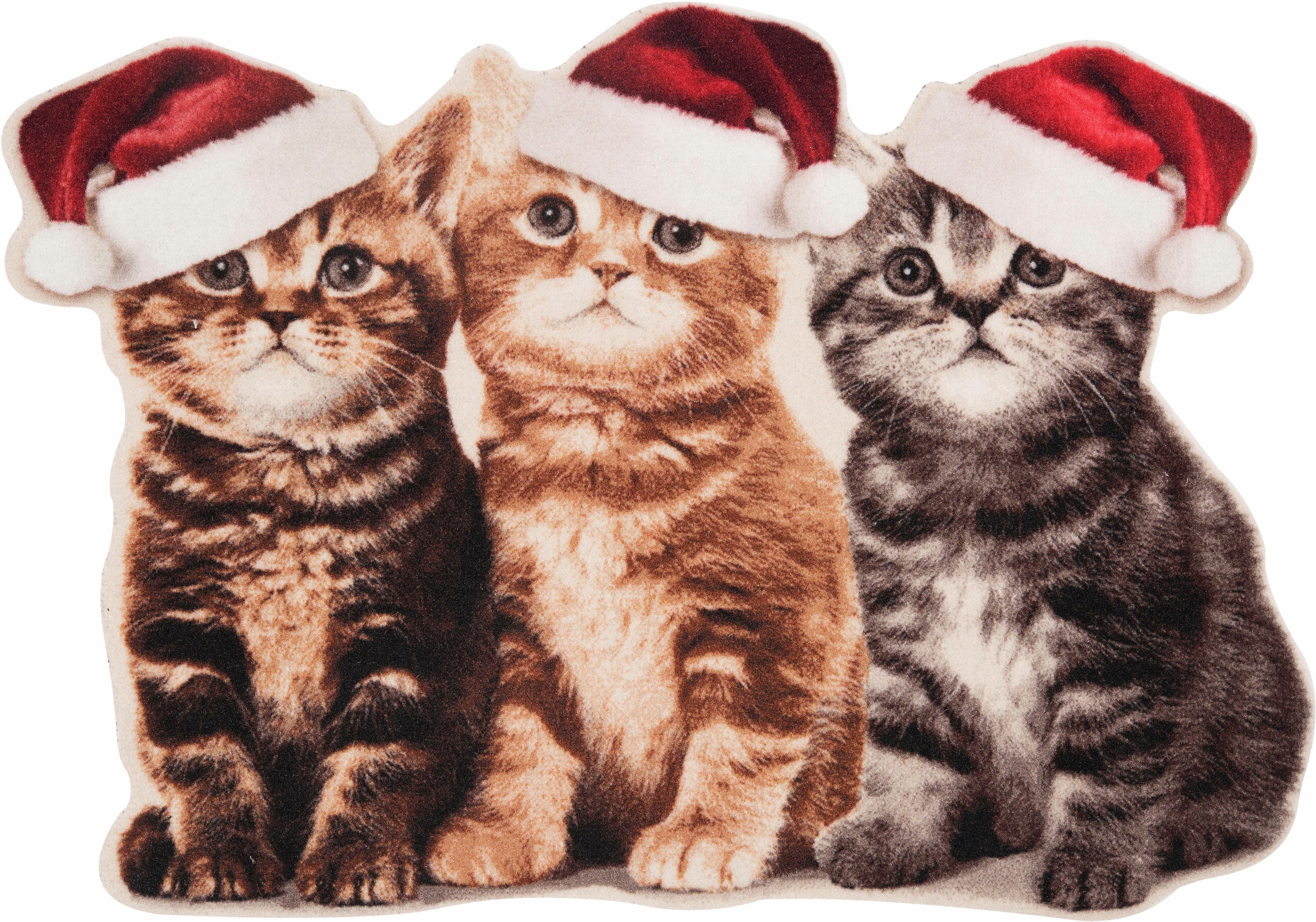 Fußmatte Weihnachtskatzen, HANSE Home, rechteckig, Höhe: 7 mm, Motiv  Katzen, Pflegeleicht, Rutschfest, Weihnachten, Waschbar