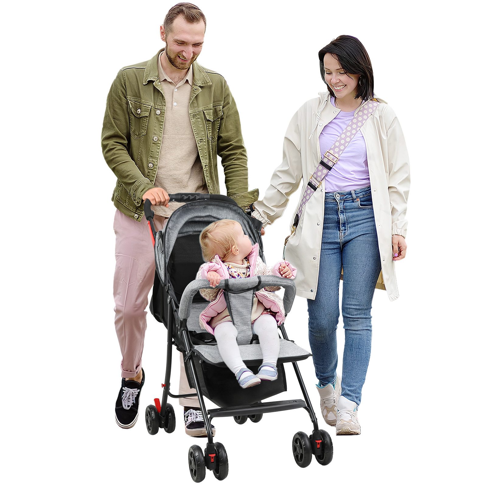 Rutaqian Kinder-Buggy Baby Kinderwagen bis 10 Kg, 0-2 Jahre, Zusammenklappbar, Grau, (Buggy Reisebuggy, 1-tlg), Klein Zusammenklappbar mit verstellbarer Rückenlehne und Einkaufskorb